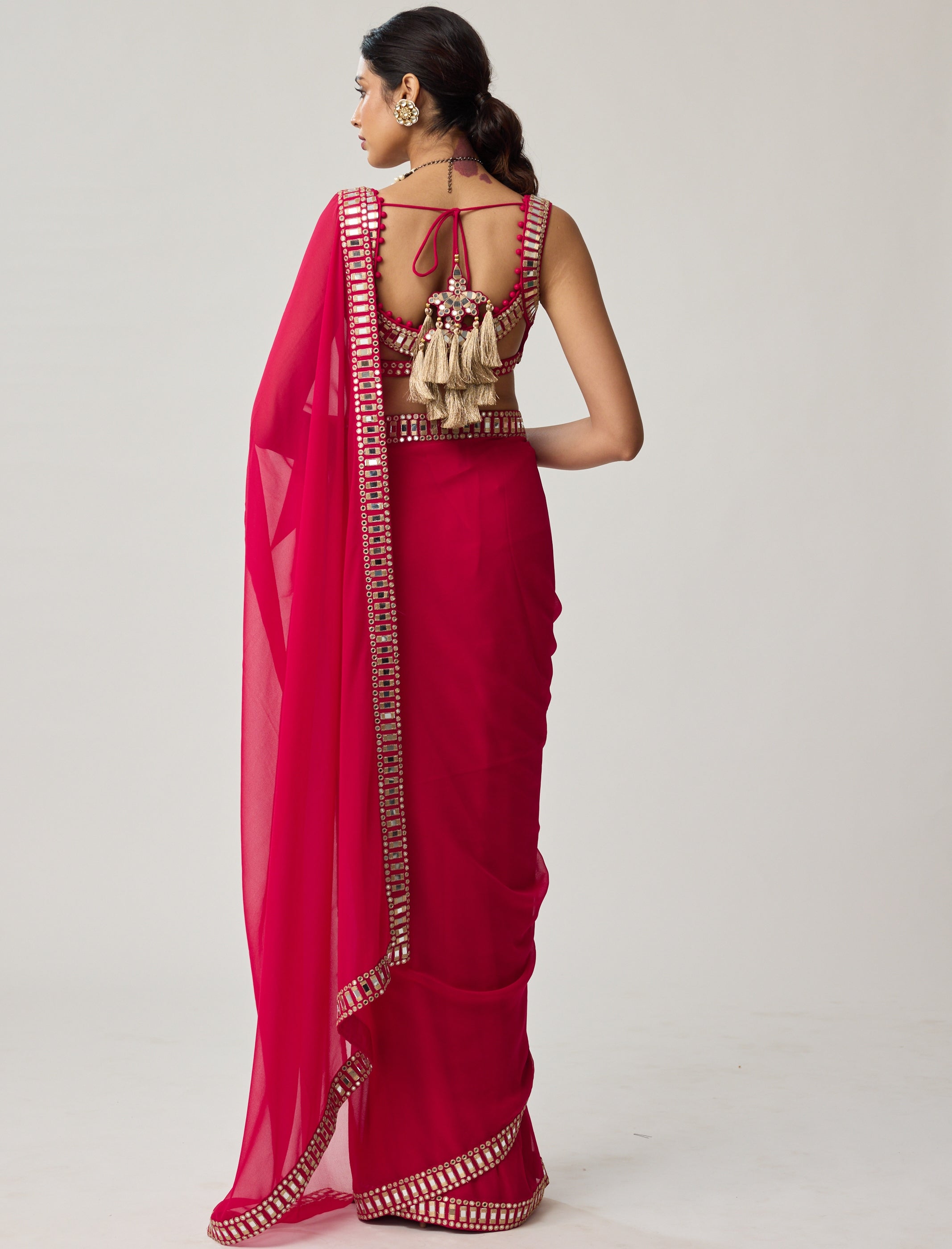 Crimson Red Mirror Embroidered Georgette Sari Set