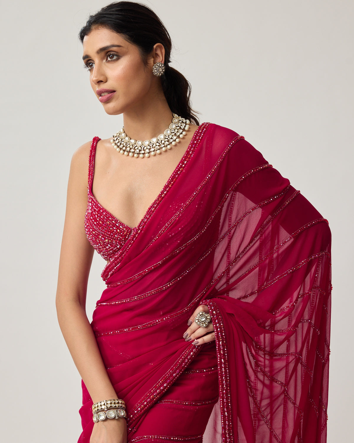 Ruby Red Crystal Sari Set