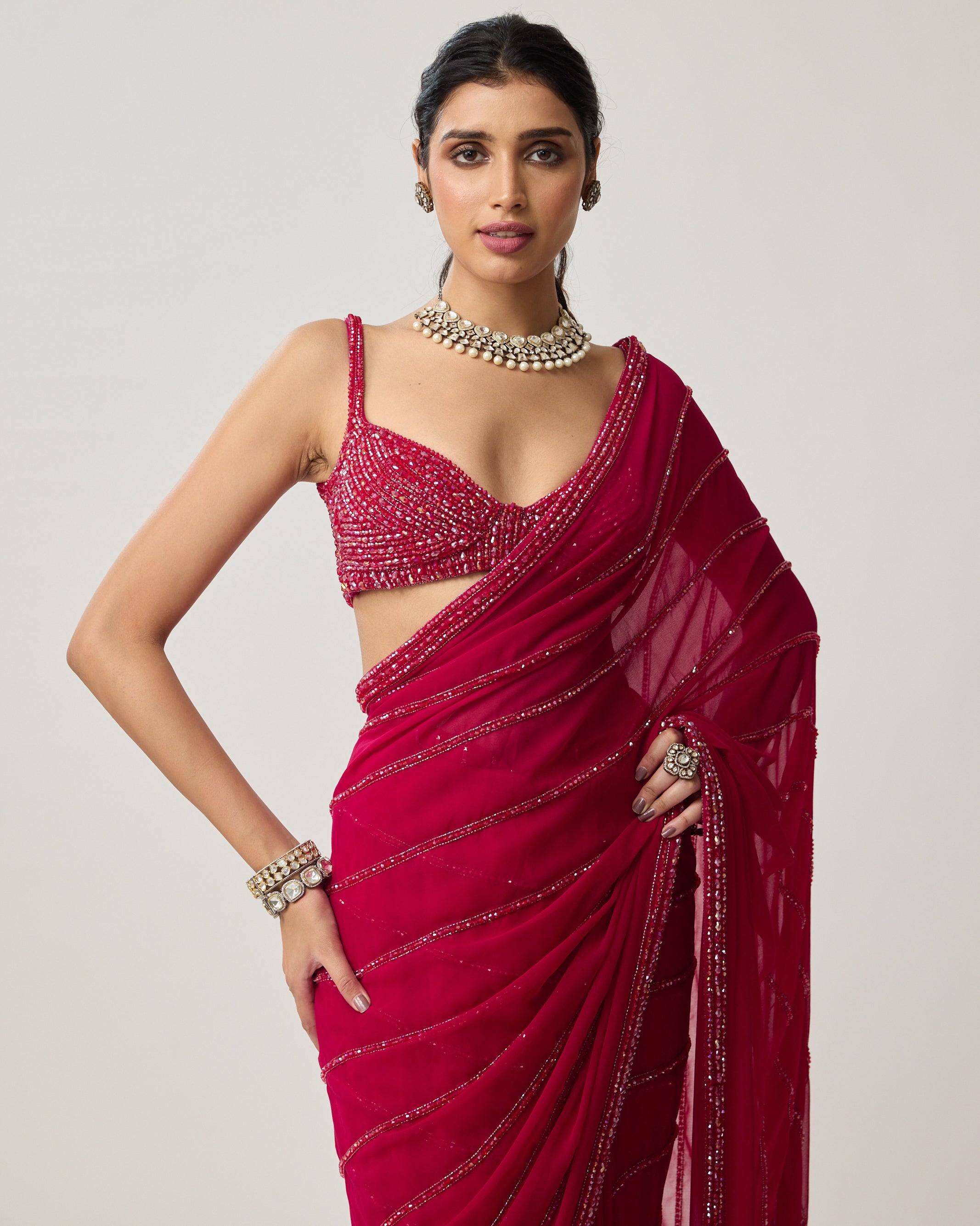 Ruby Red Crystal Sari Set