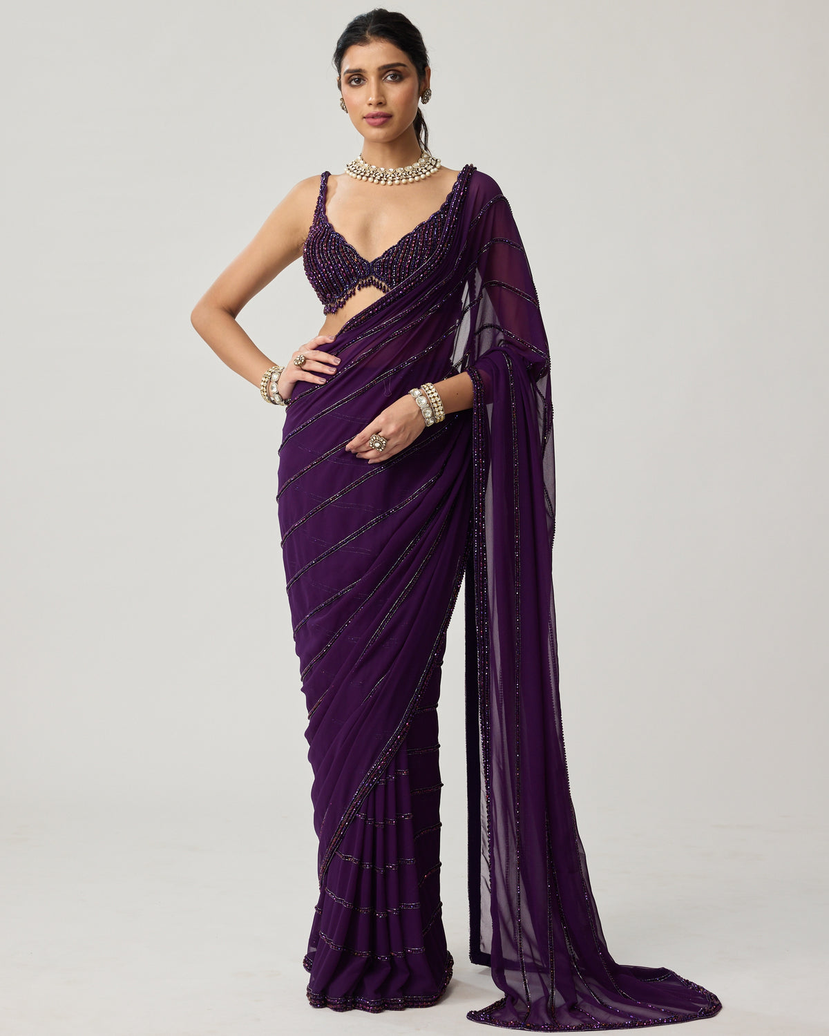 Royalty Purple Crystal Sari Set