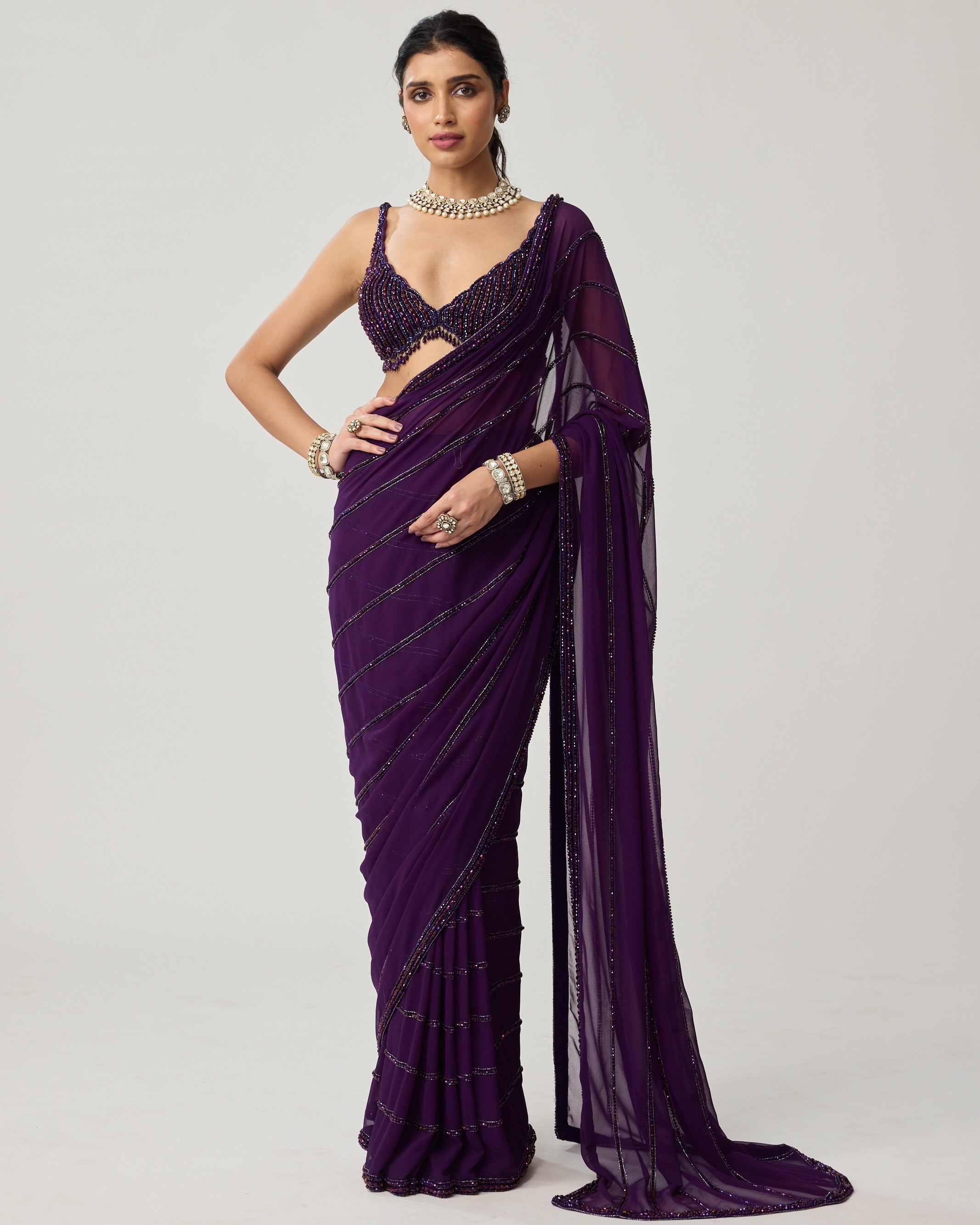 Royalty Purple Crystal Sari Set