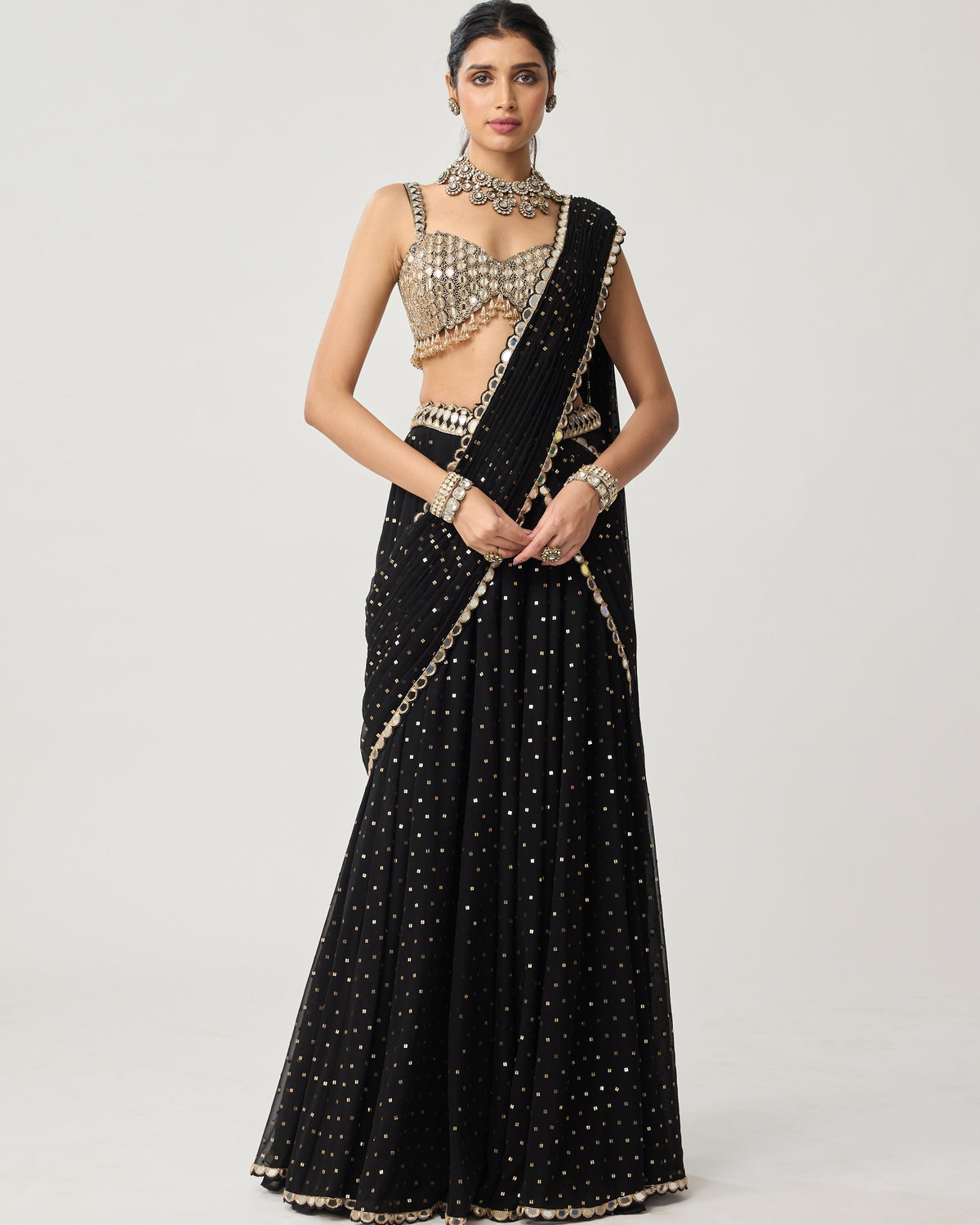 Black Georgette Flared Pants Sari Set