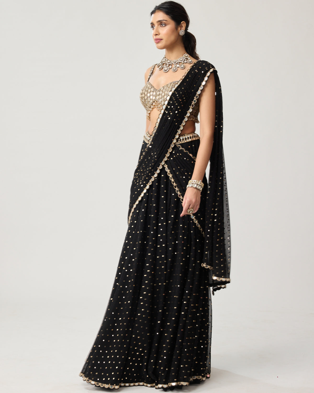 Black Georgette Flared Pants Sari Set