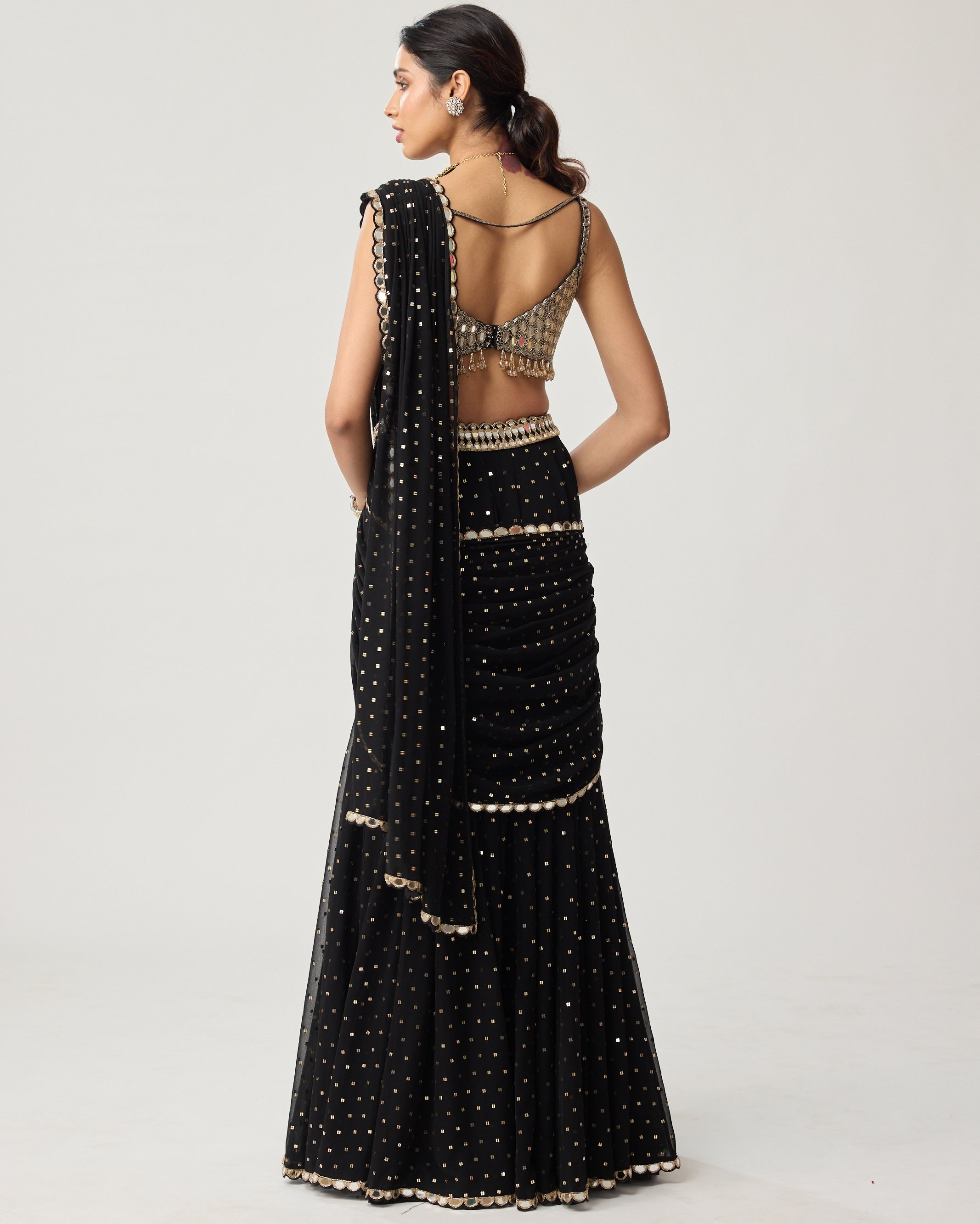 Black Georgette Flared Pants Sari Set