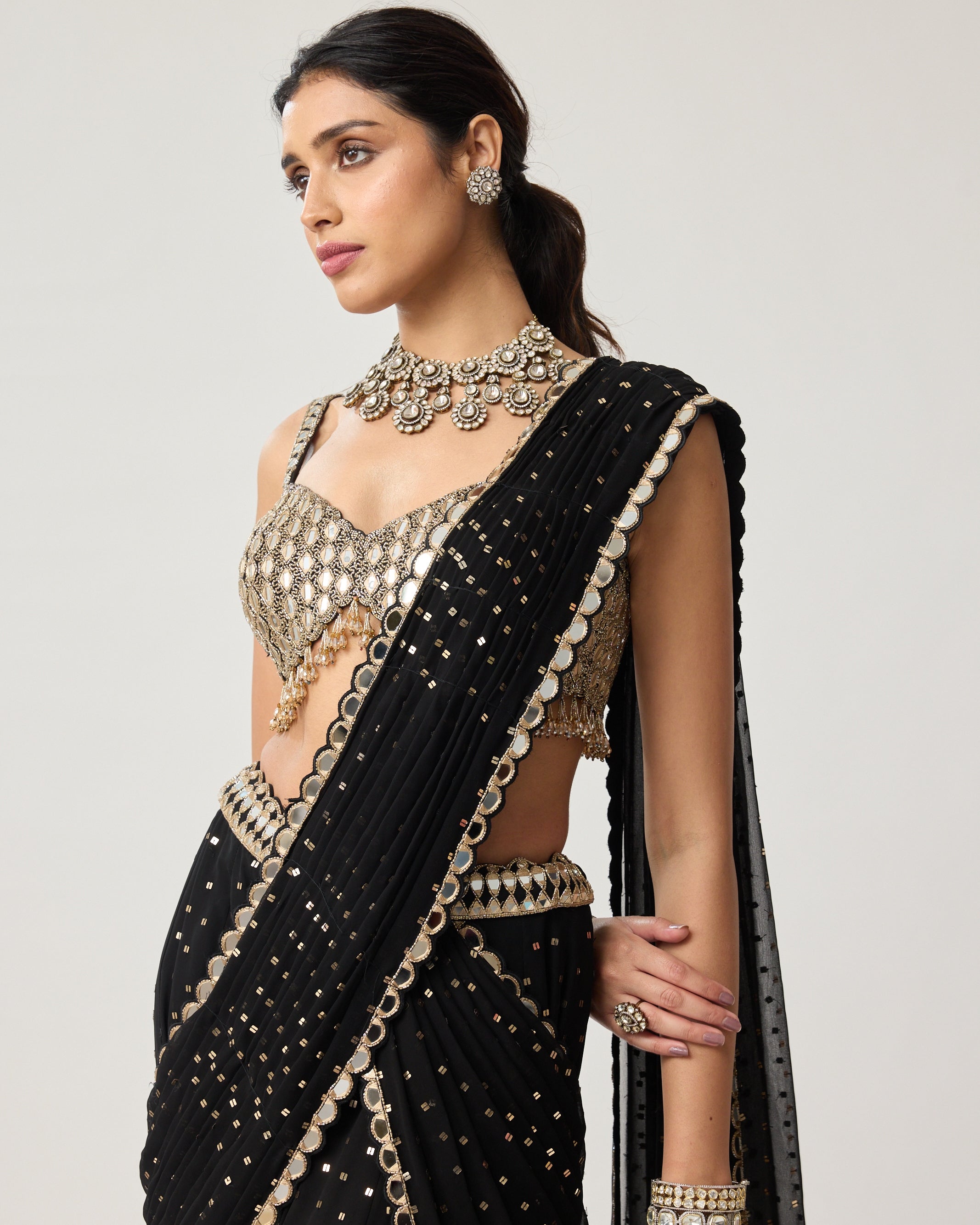 Black Georgette Flared Pants Sari Set