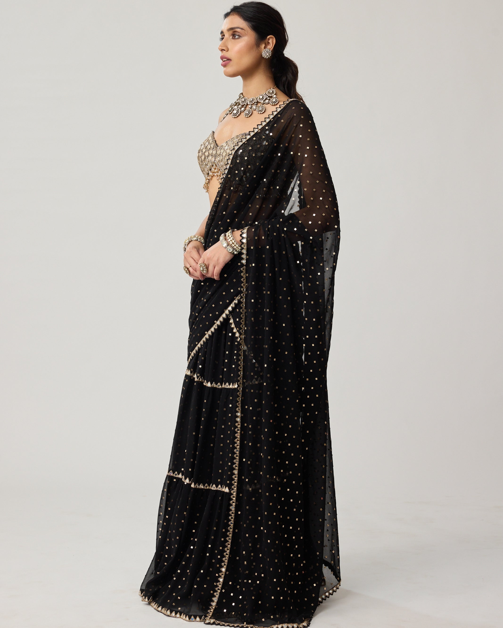 Black Georgette Multi-Tier Sari Set