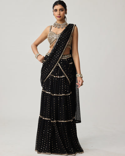 Black Georgette Multi-Tier Sari Set