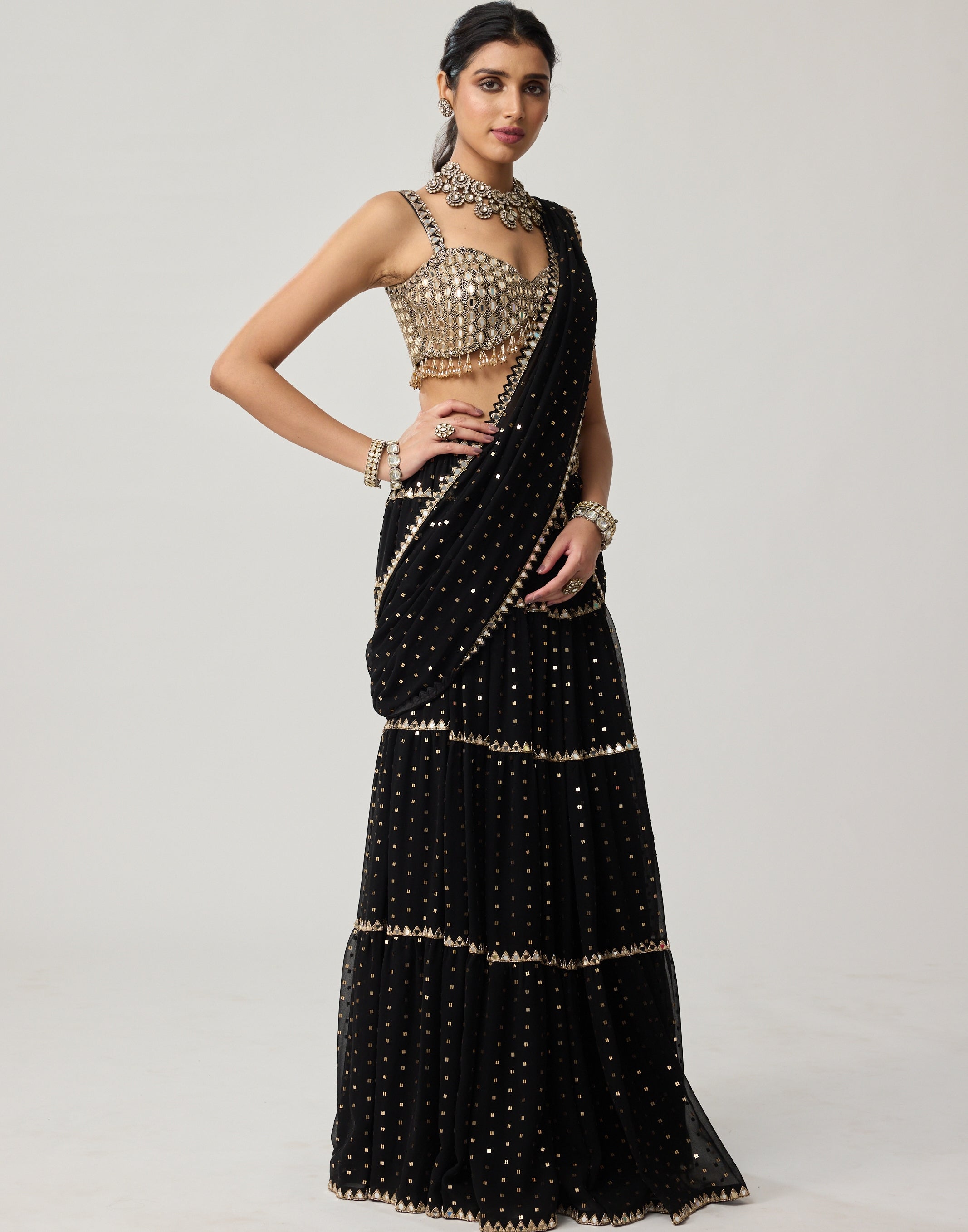 Black Georgette Multi-Tier Sari Set