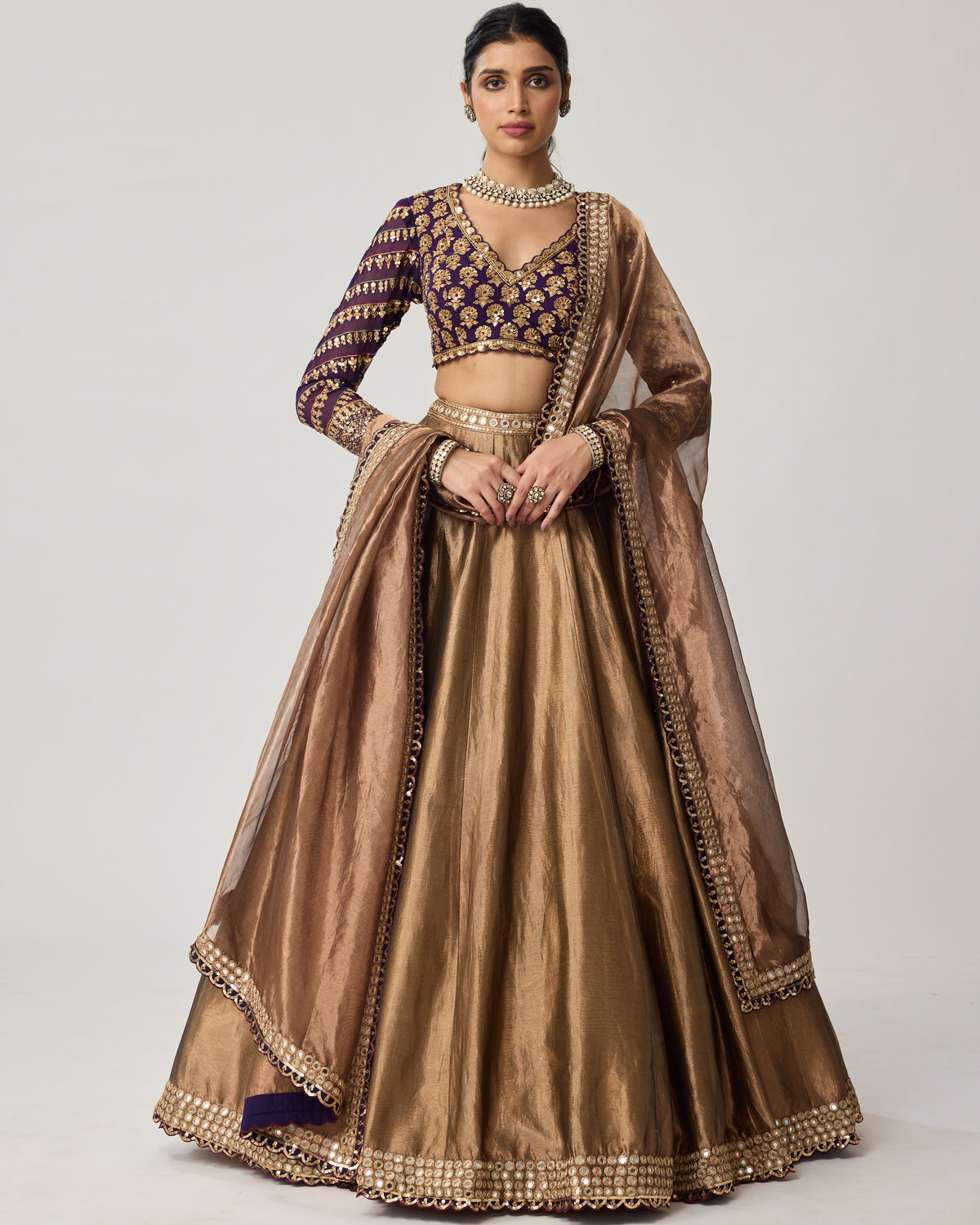 Copper Tissue Mughal Motif Lehenga Set