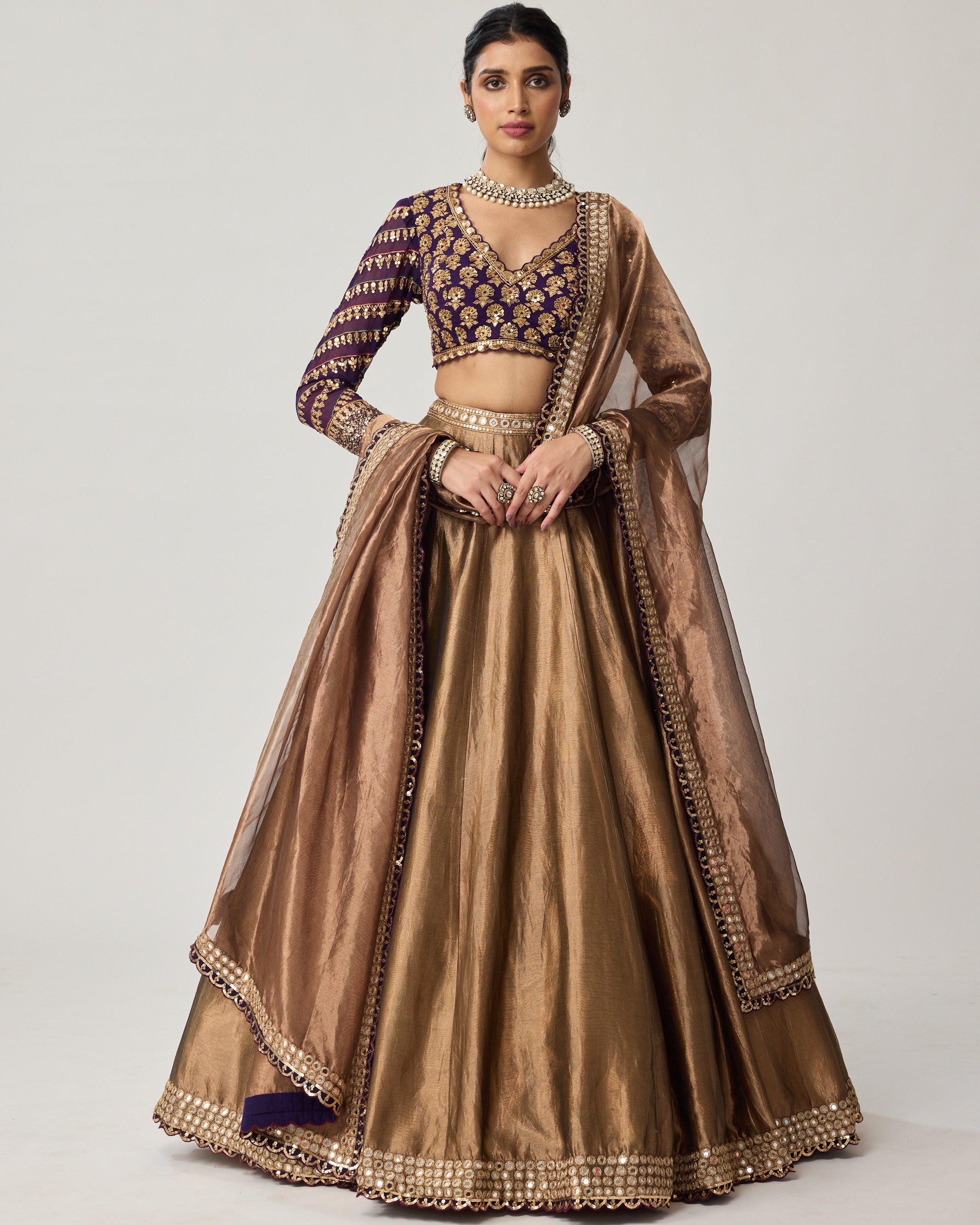 Copper Tissue Mughal Motif Lehenga Set