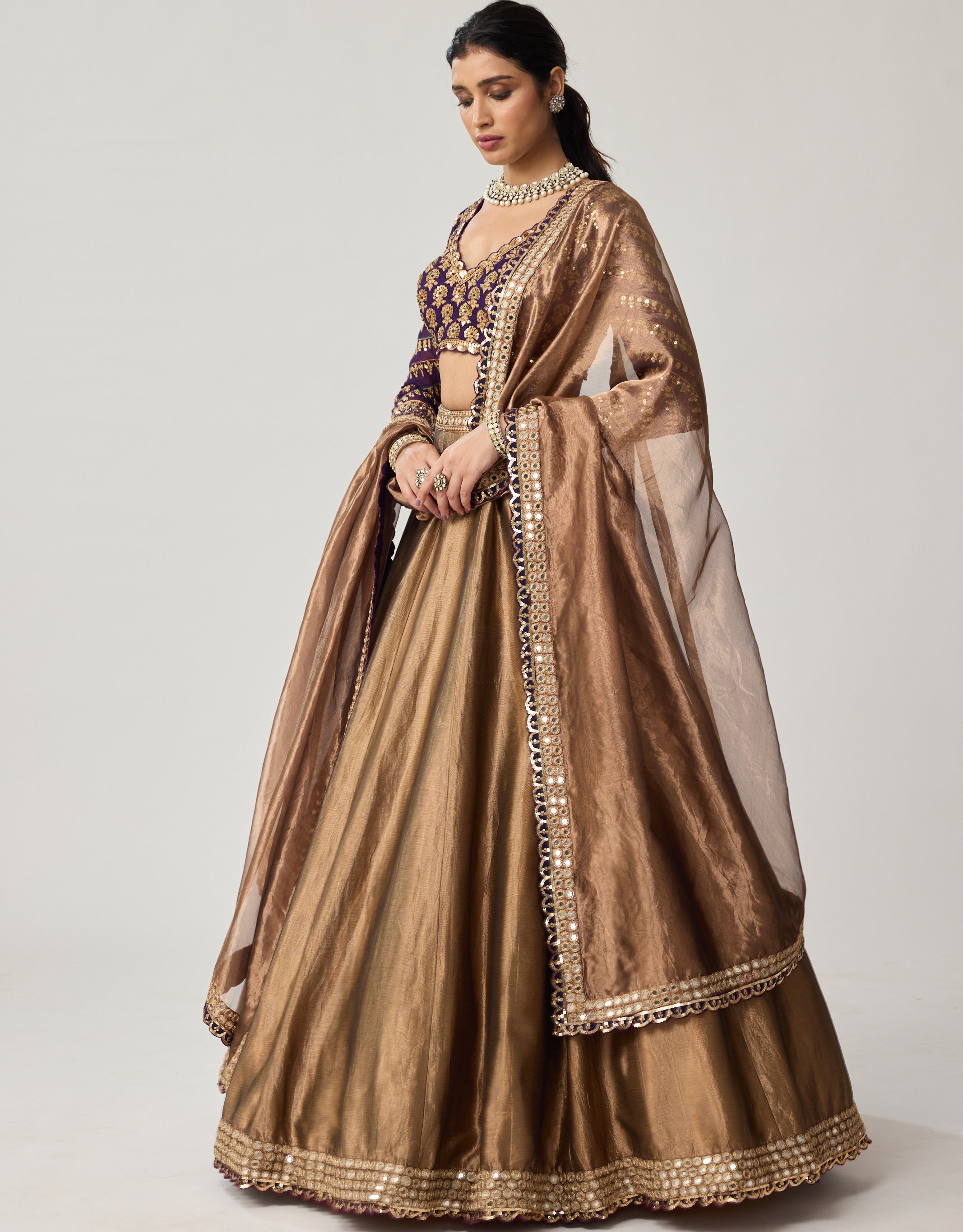 Copper Tissue Mughal Motif Lehenga Set