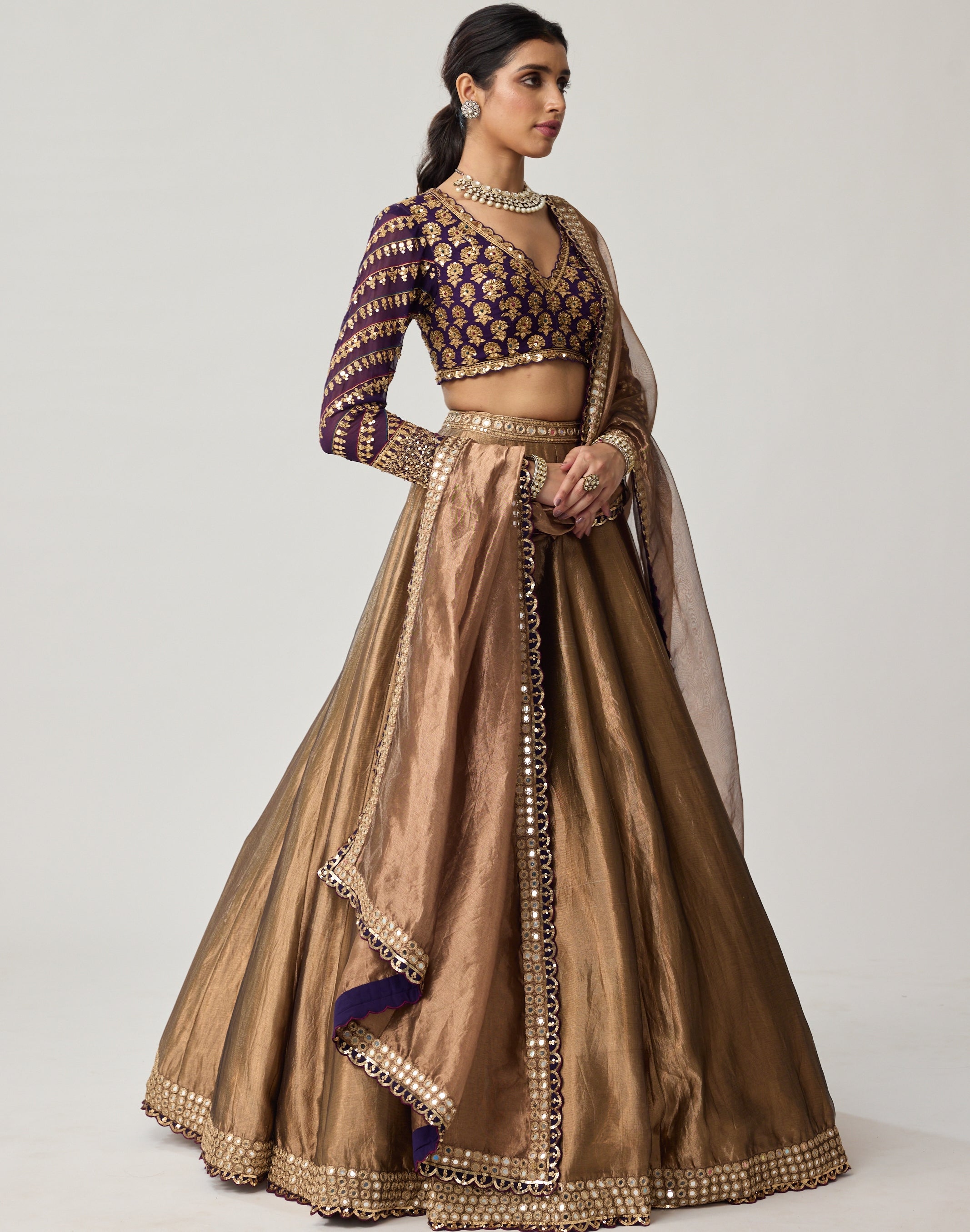 Copper Tissue Mughal Motif Lehenga Set