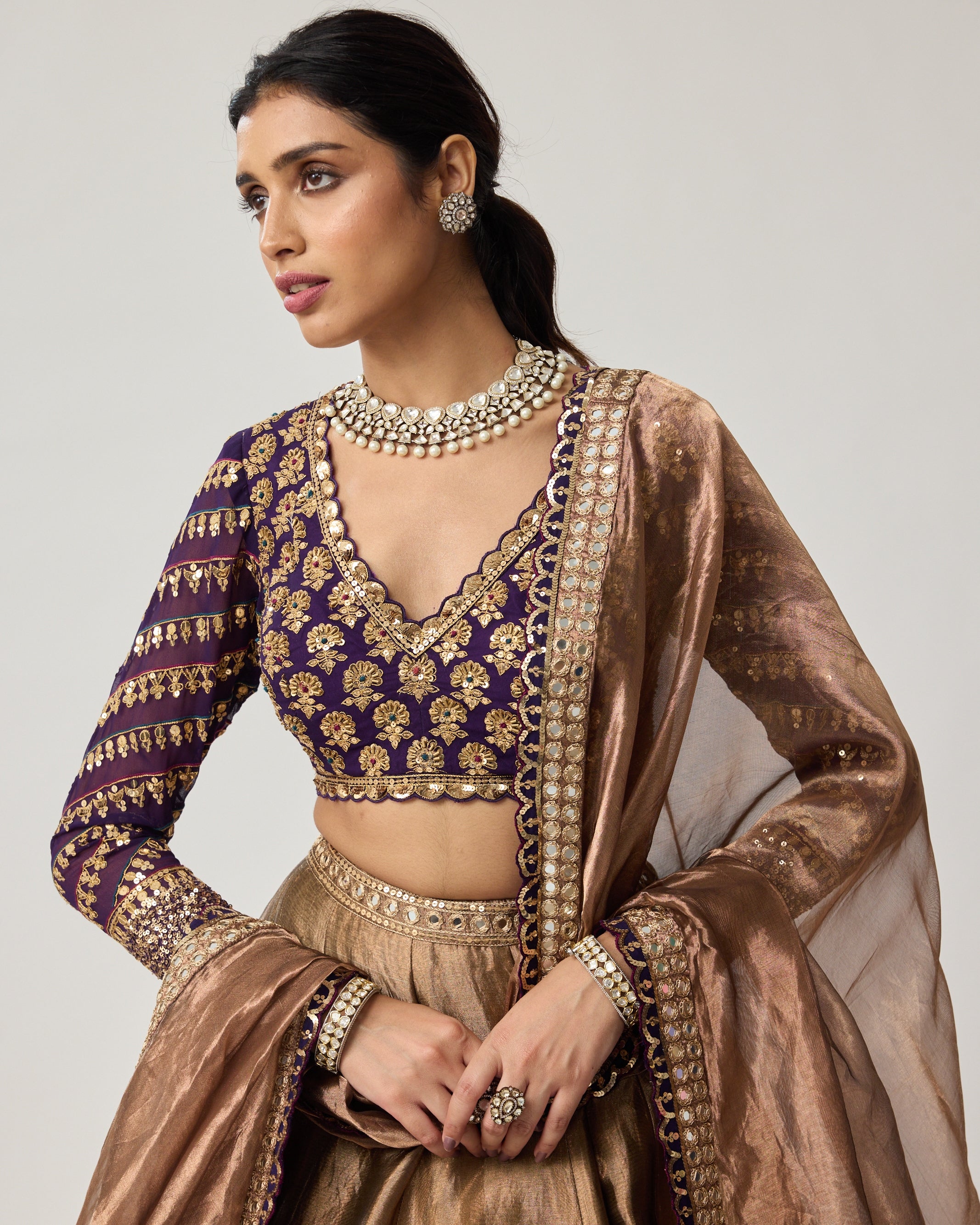 Copper Tissue Mughal Motif Lehenga Set