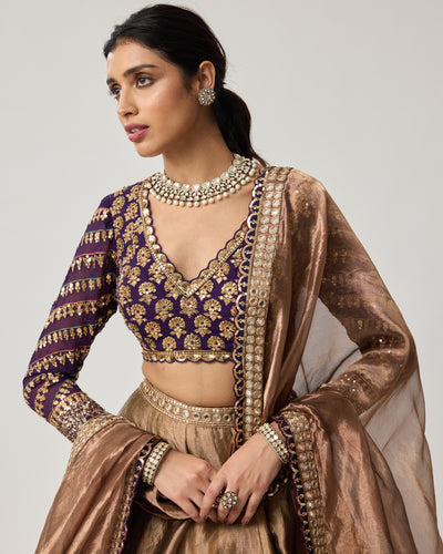 Copper Tissue Mughal Motif Lehenga Set