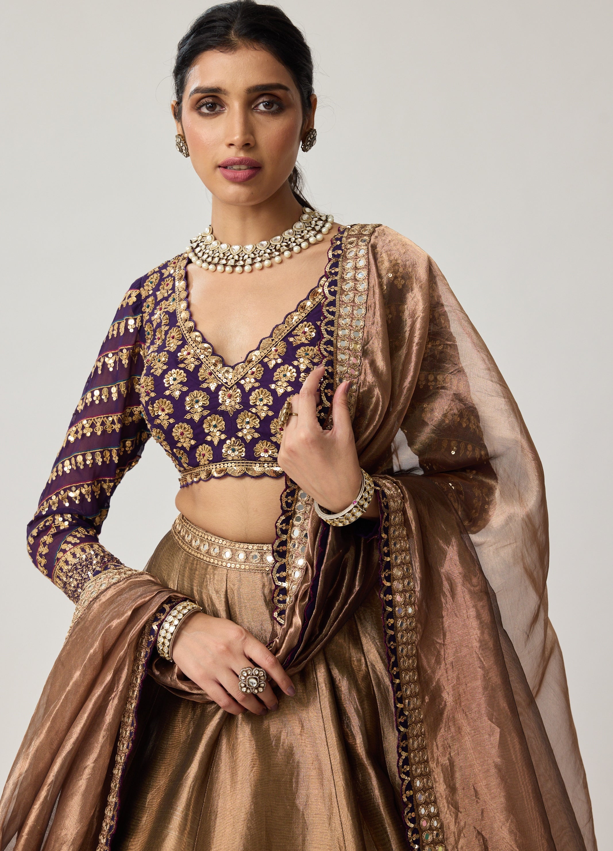 Copper Tissue Mughal Motif Lehenga Set