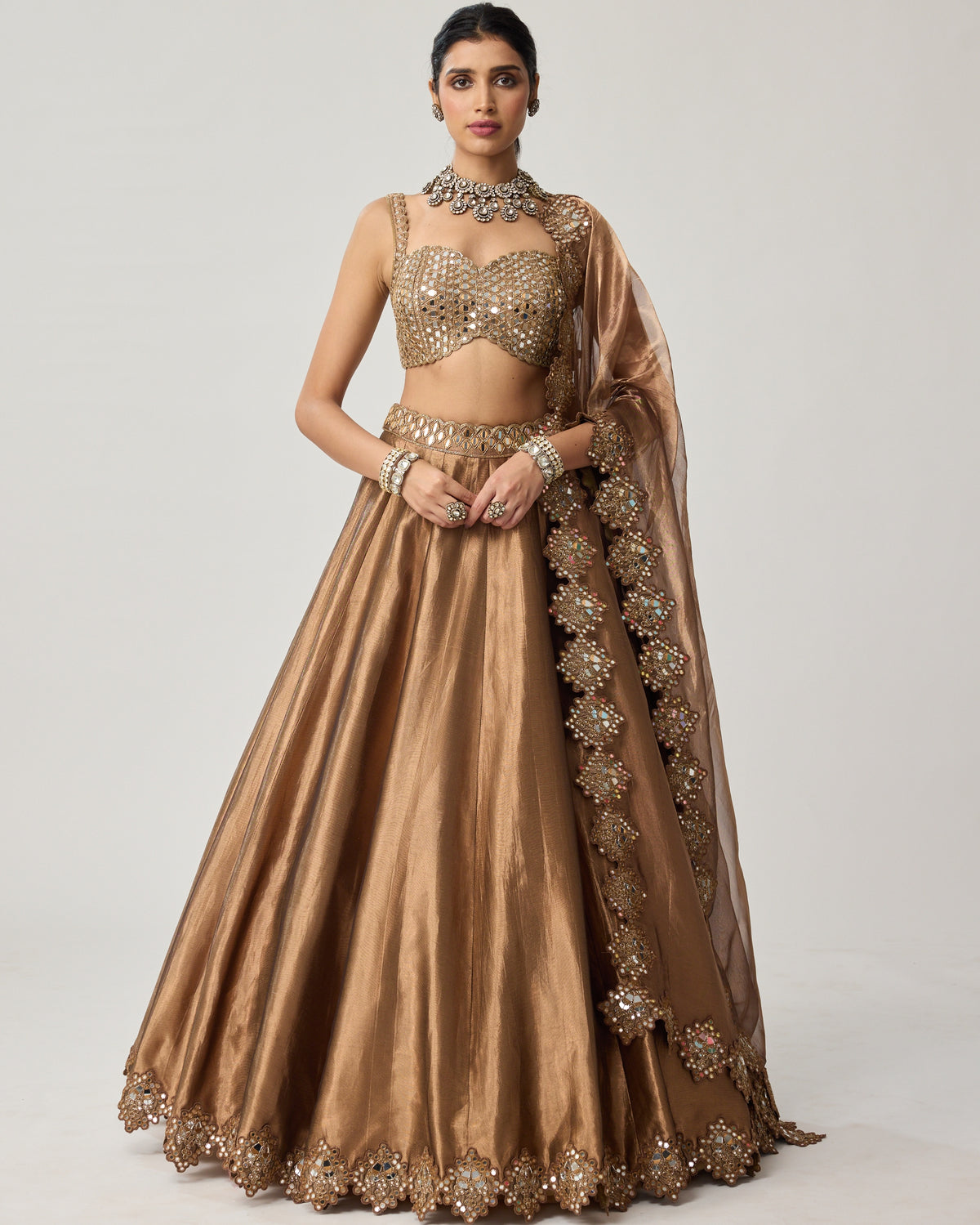 Copper Tissue Mirror Geometry Lehenga Set