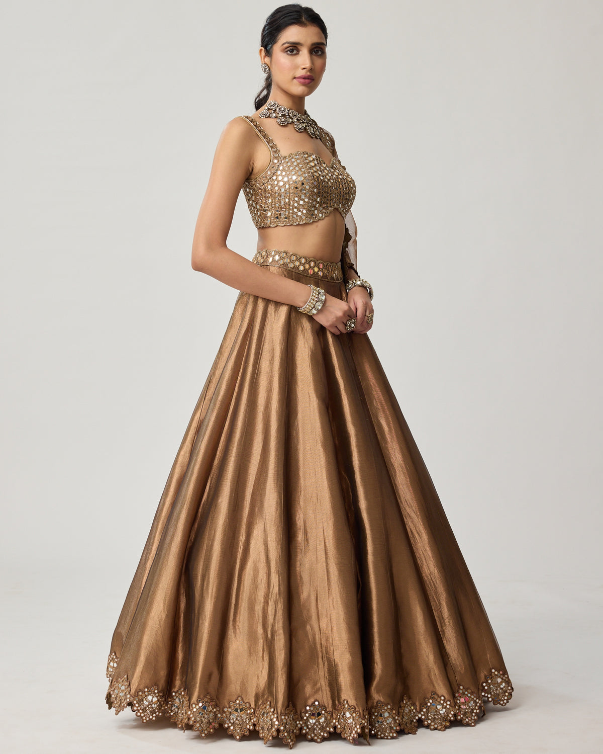 Copper Tissue Mirror Geometry Lehenga Set