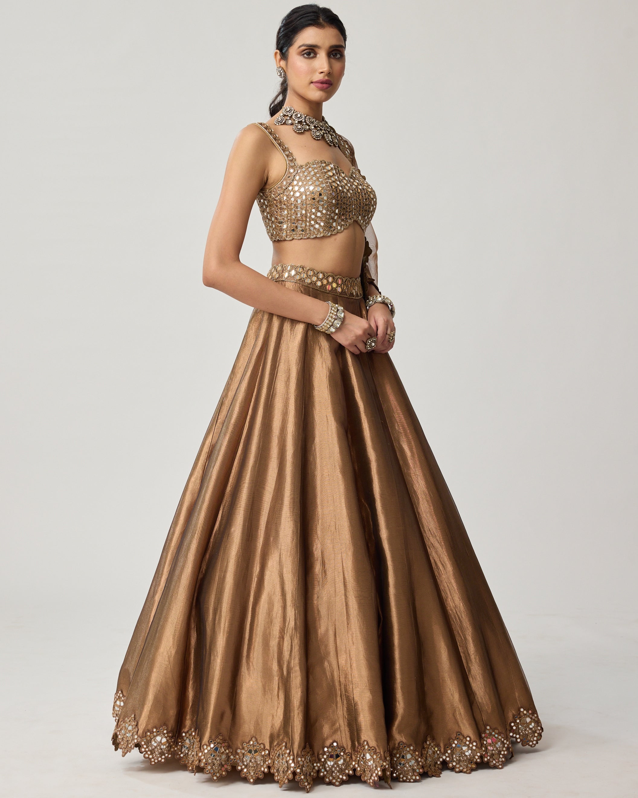 Copper Tissue Mirror Geometry Lehenga Set