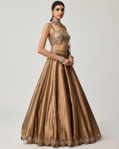 Copper Tissue Mirror Geometry Lehenga Set