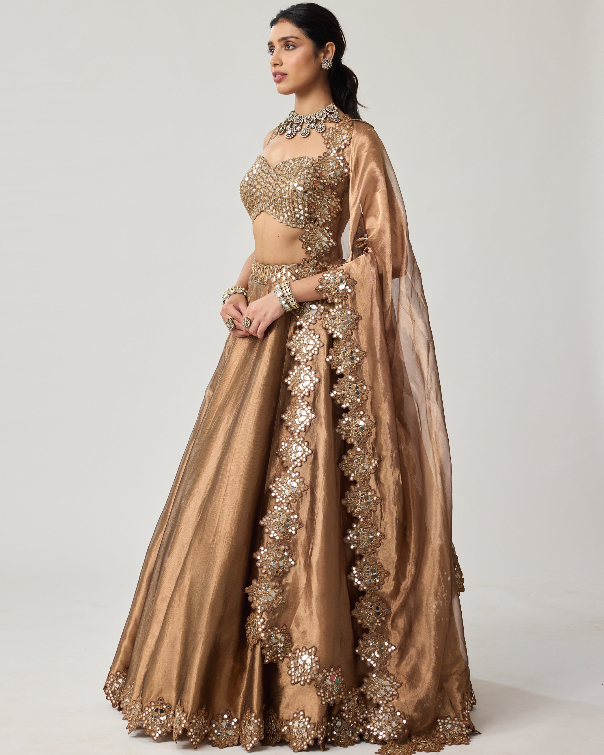 Copper Tissue Mirror Geometry Lehenga Set