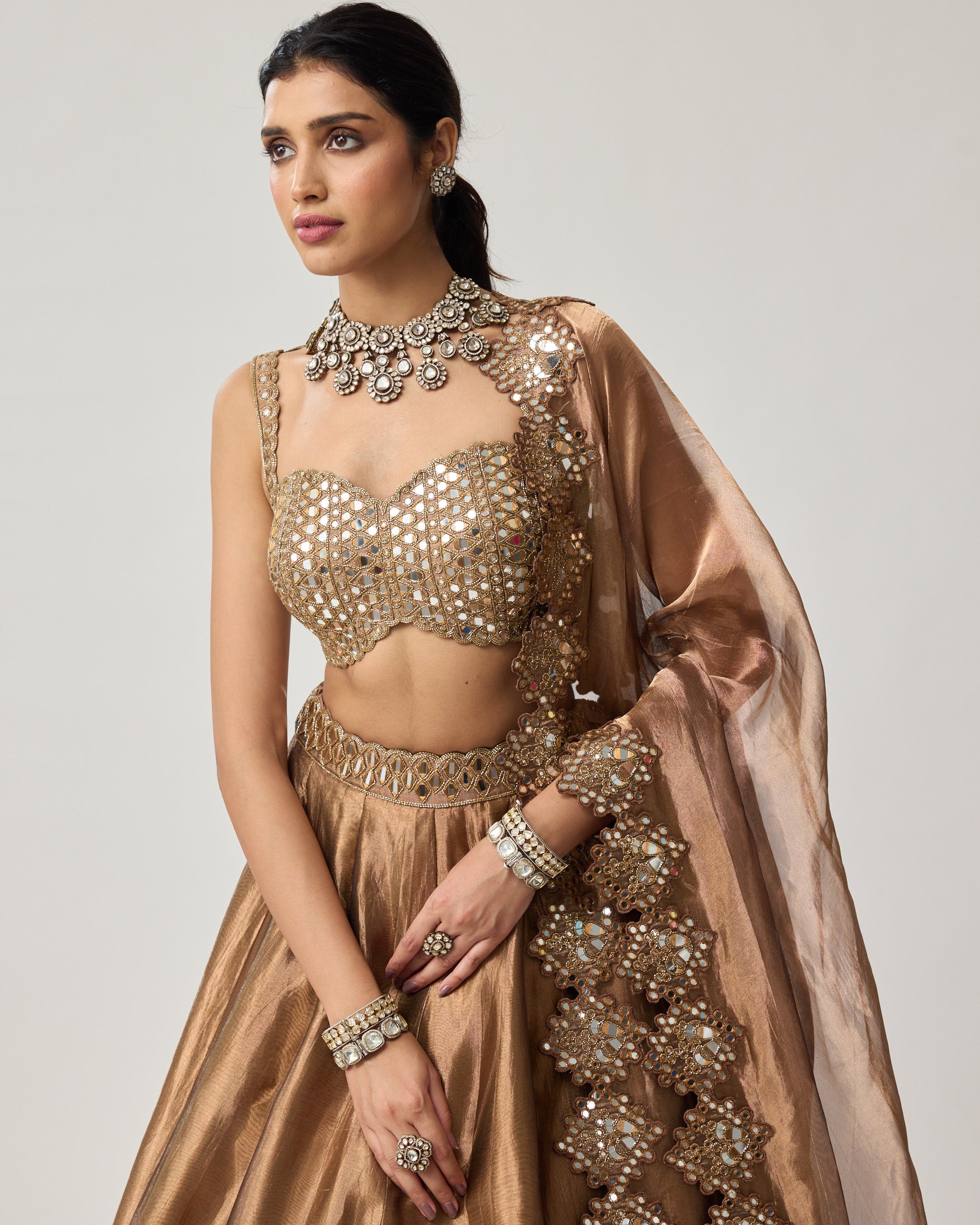 Copper Tissue Mirror Geometry Lehenga Set