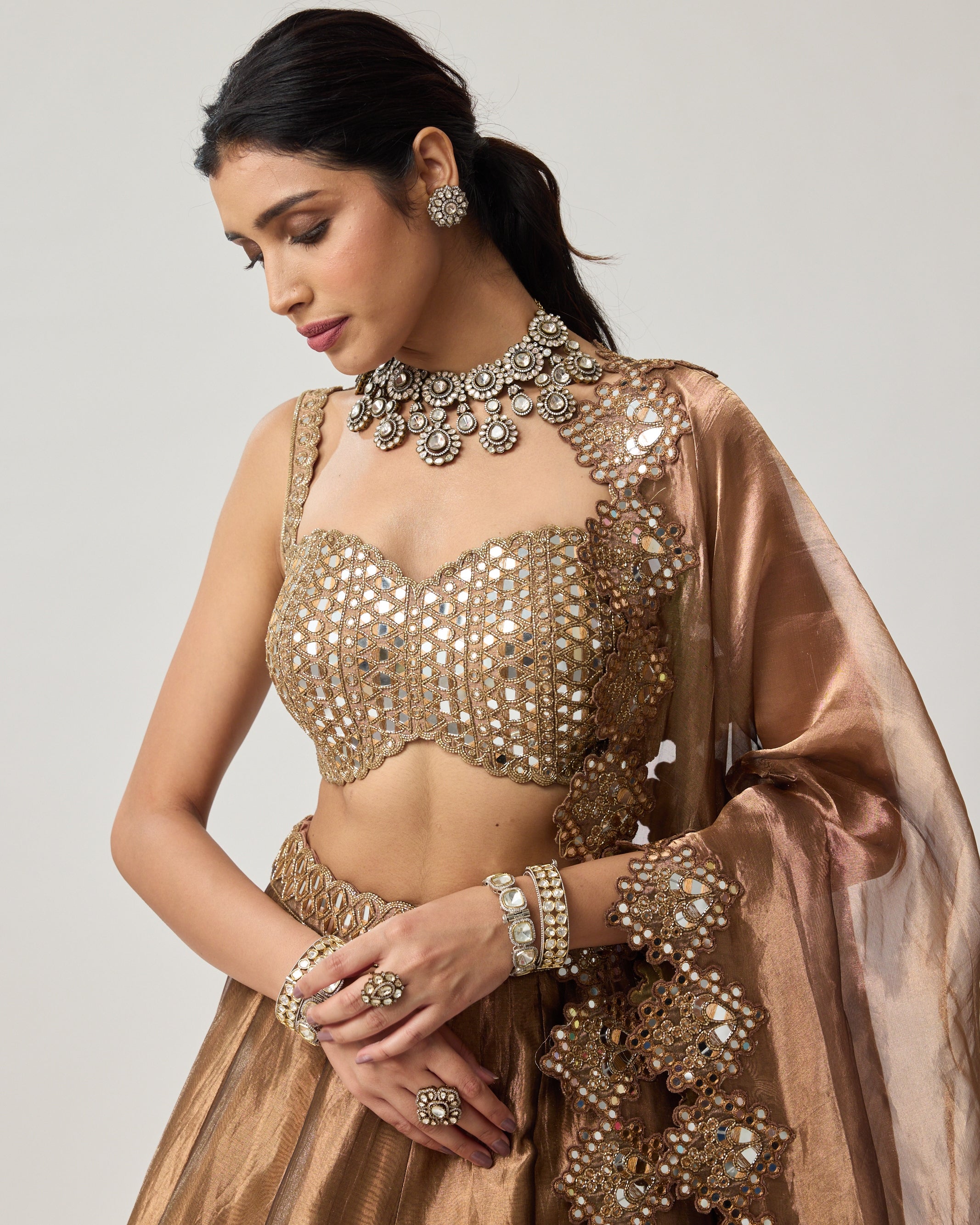 Copper Tissue Mirror Geometry Lehenga Set