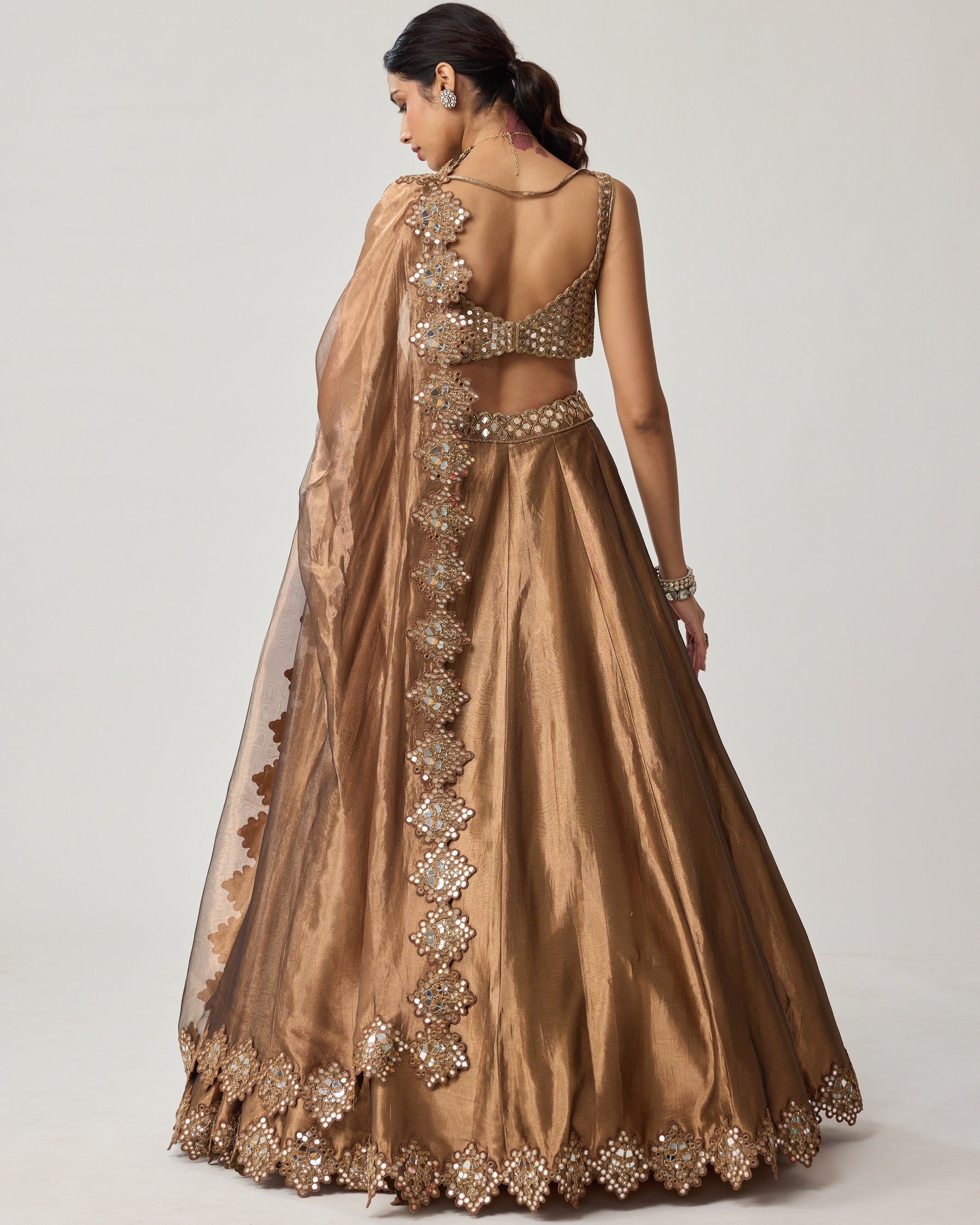 Copper Tissue Mirror Geometry Lehenga Set