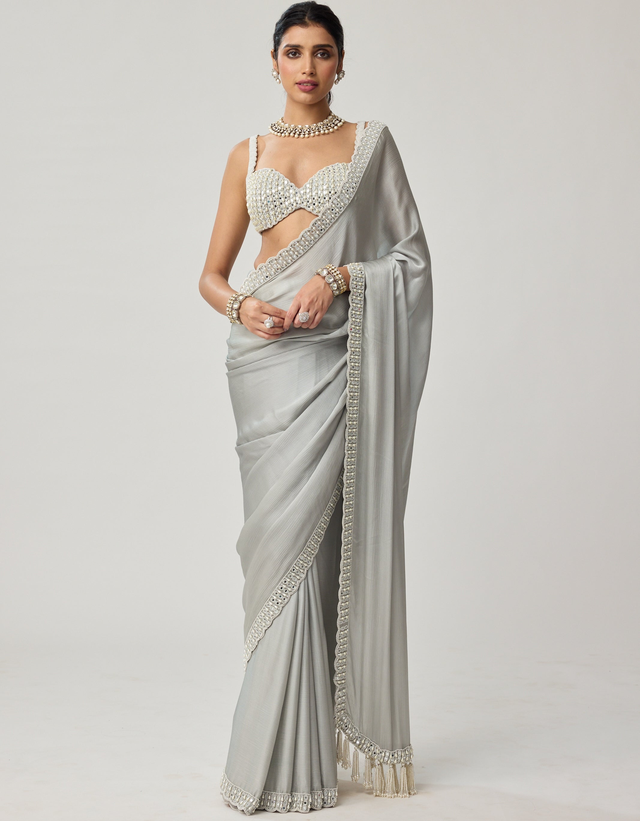 Powder Grey Chiffon Pearl And Mirror Sari Set