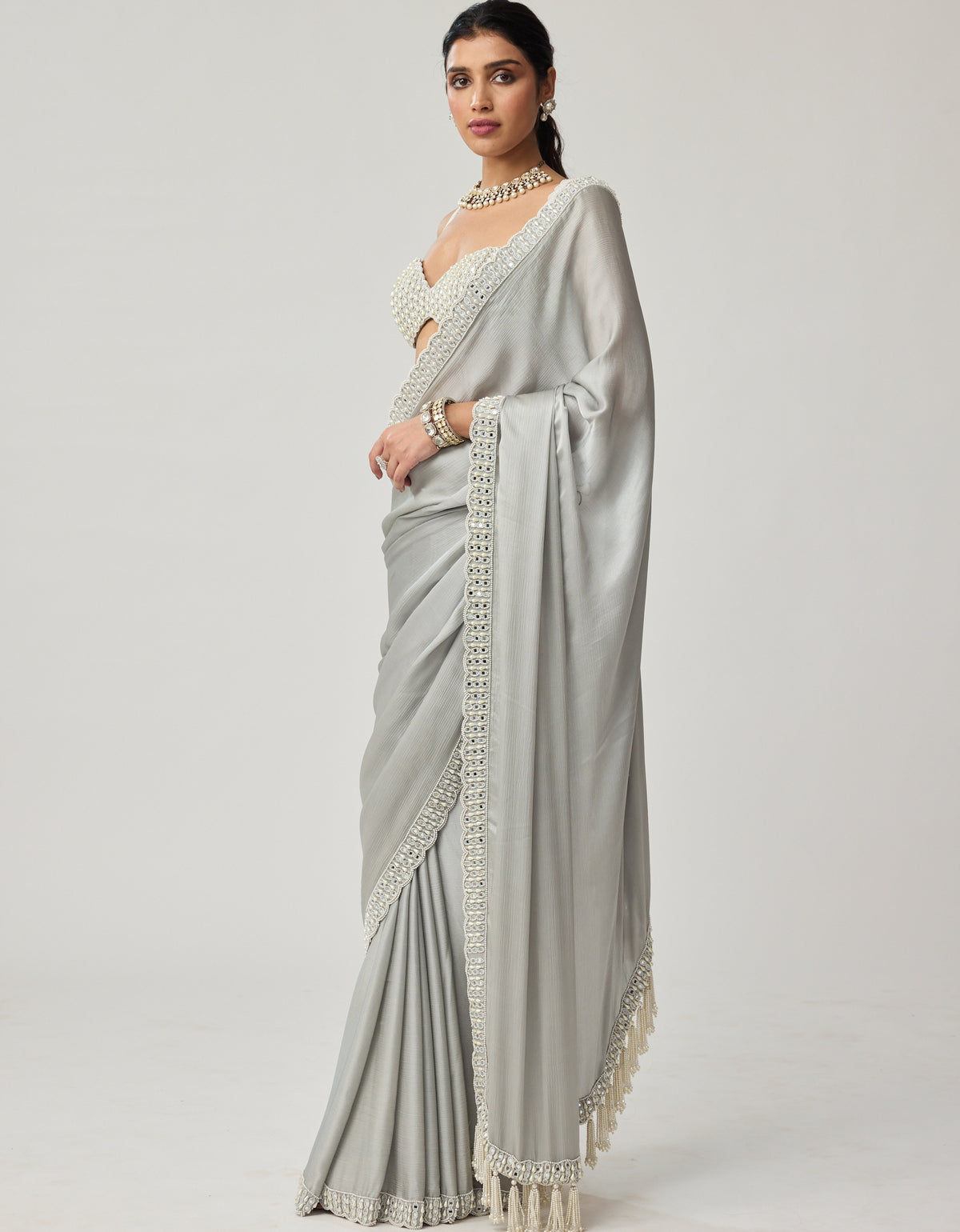 Powder Grey Chiffon Pearl And Mirror Sari Set