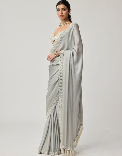 Powder Grey Chiffon Pearl And Mirror Sari Set