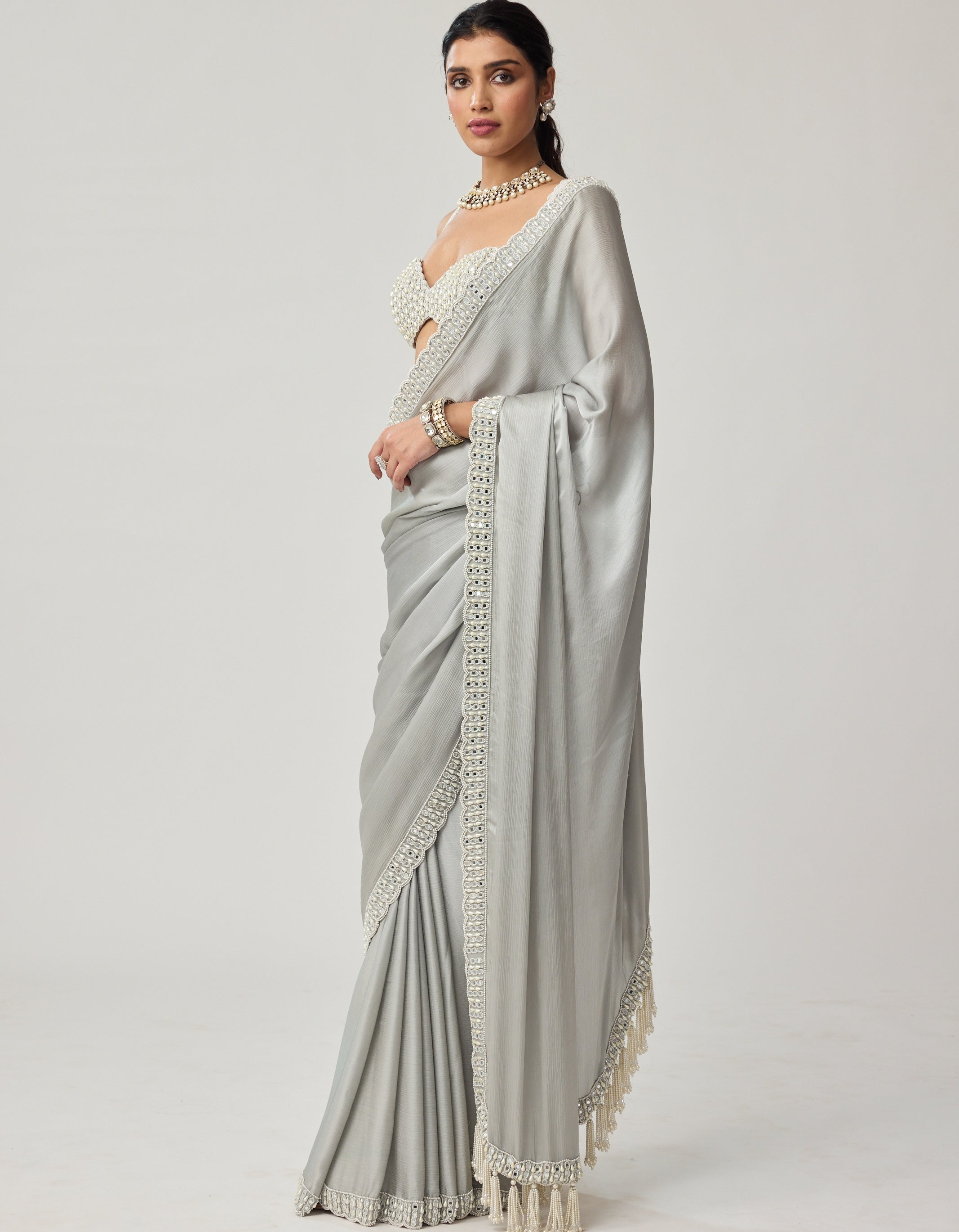 Powder Grey Chiffon Pearl And Mirror Sari Set