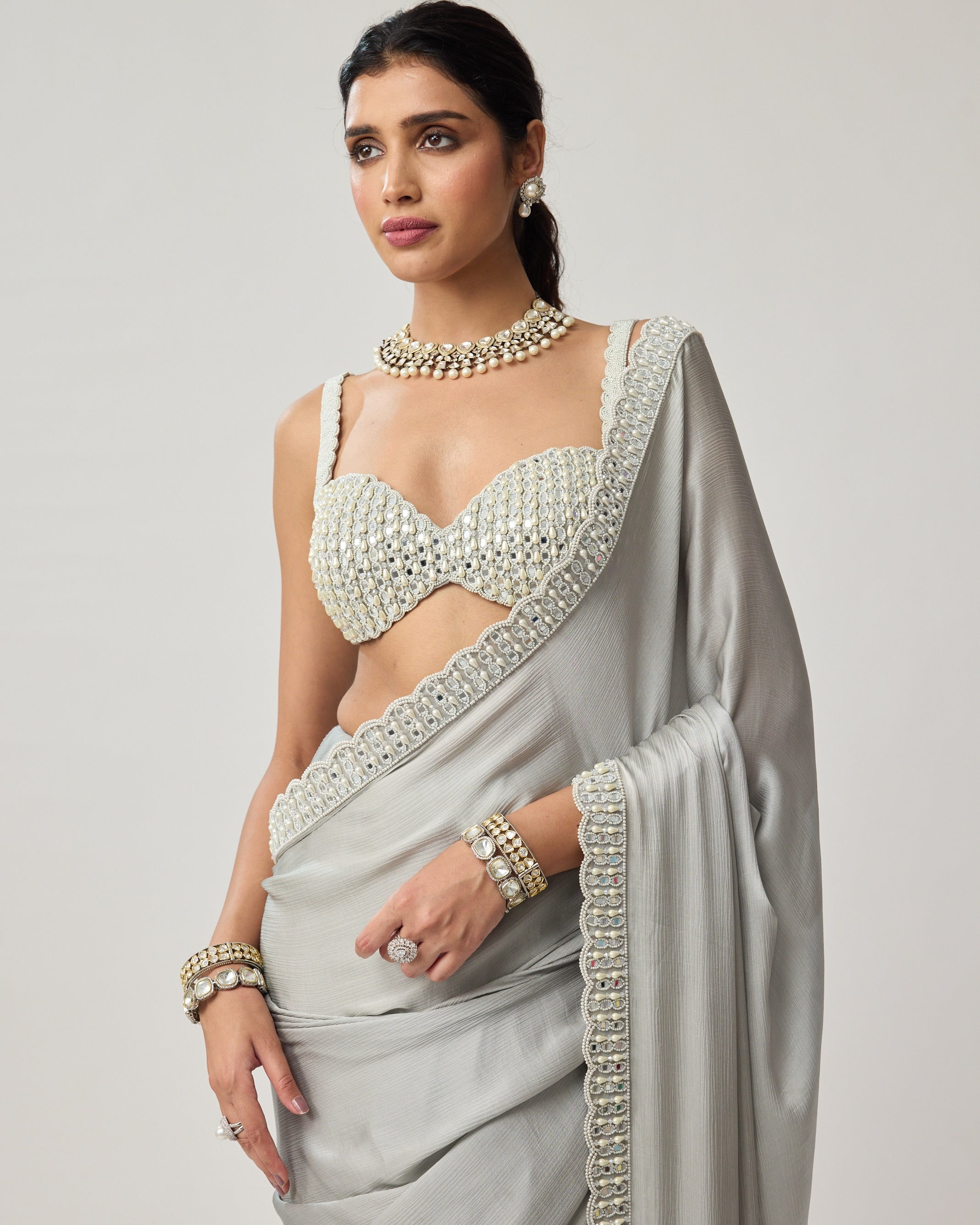 Powder Grey Chiffon Pearl And Mirror Sari Set