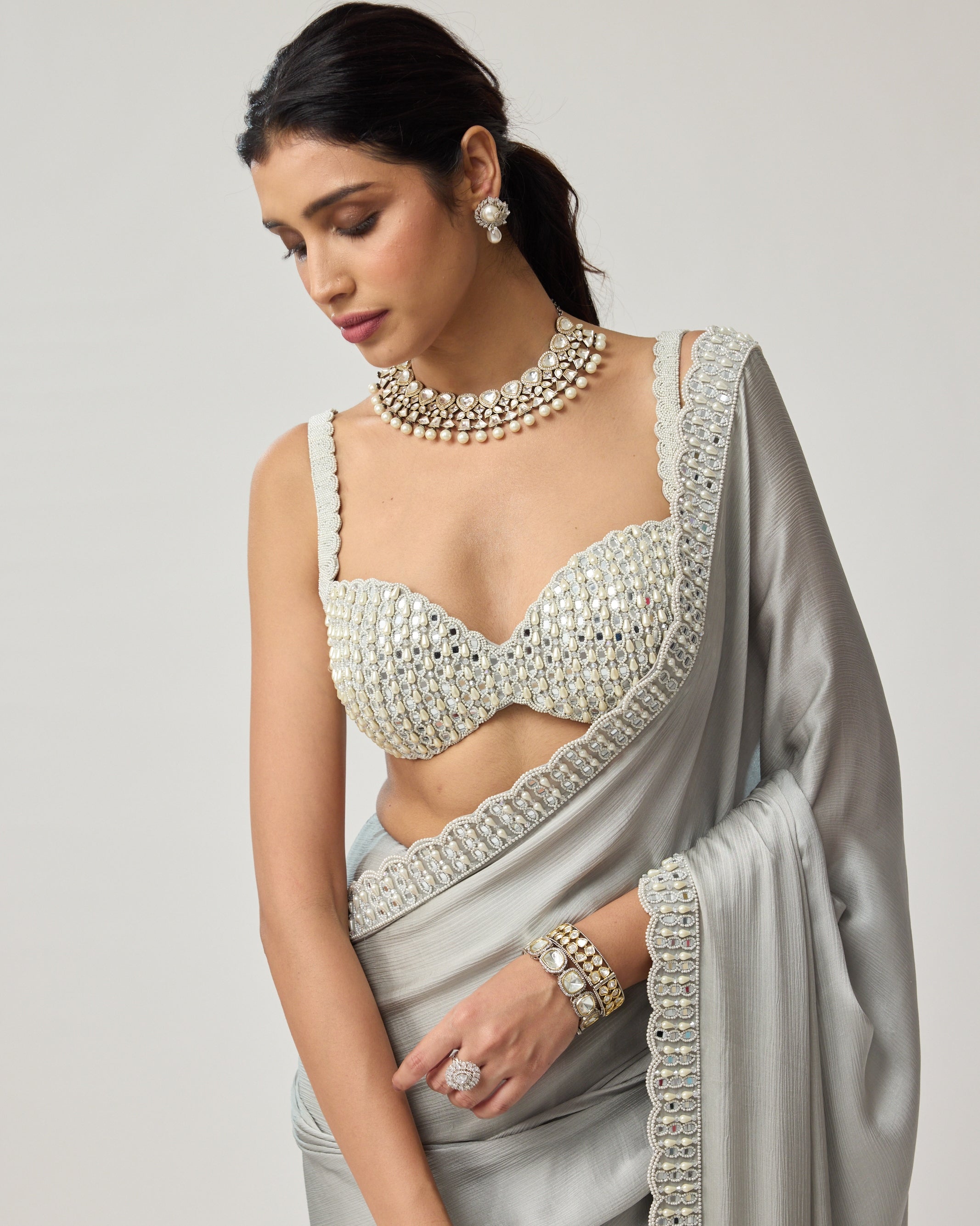Powder Grey Chiffon Pearl And Mirror Sari Set