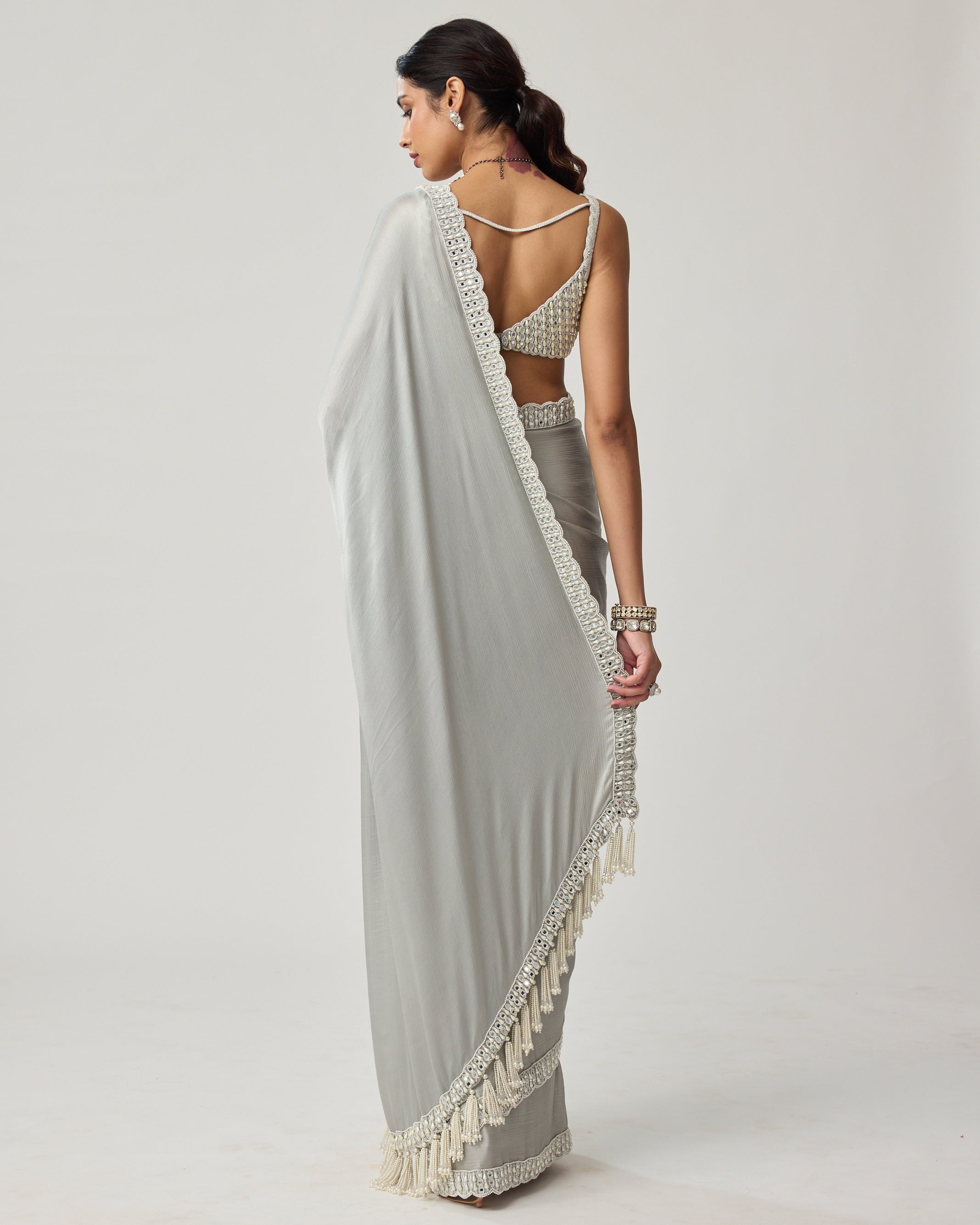 Powder Grey Chiffon Pearl And Mirror Sari Set