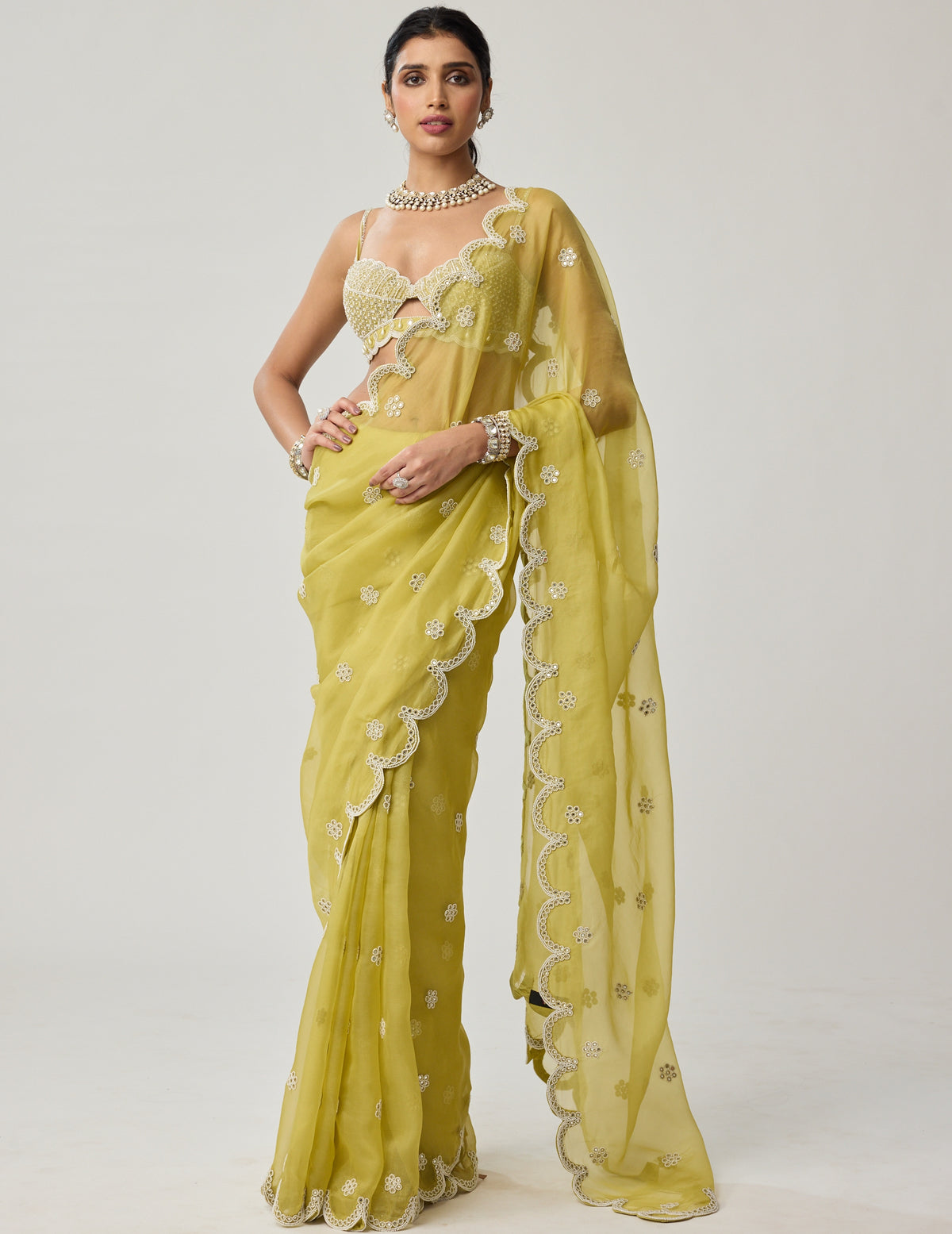 Fern Green Organza Mirror And Pearl Sari Set
