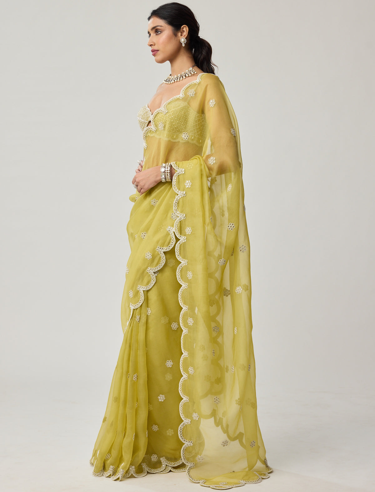 Fern Green Organza Mirror And Pearl Sari Set