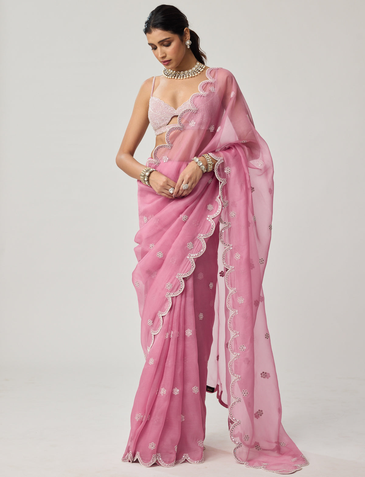 Onion Pink Organza Pearl Sari Set