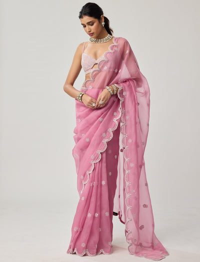 Onion Pink Organza Pearl Sari Set