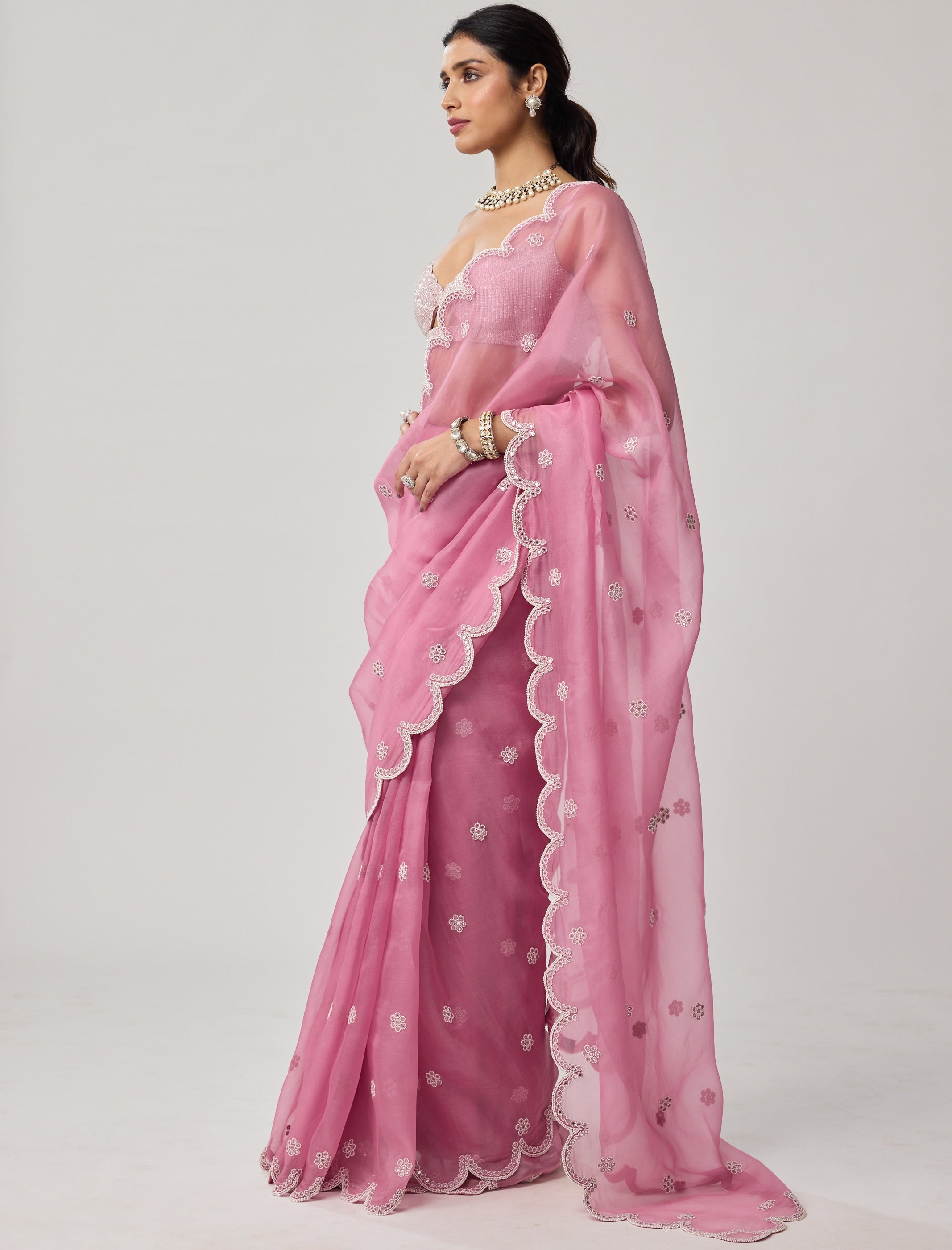 Onion Pink Organza Pearl Sari Set