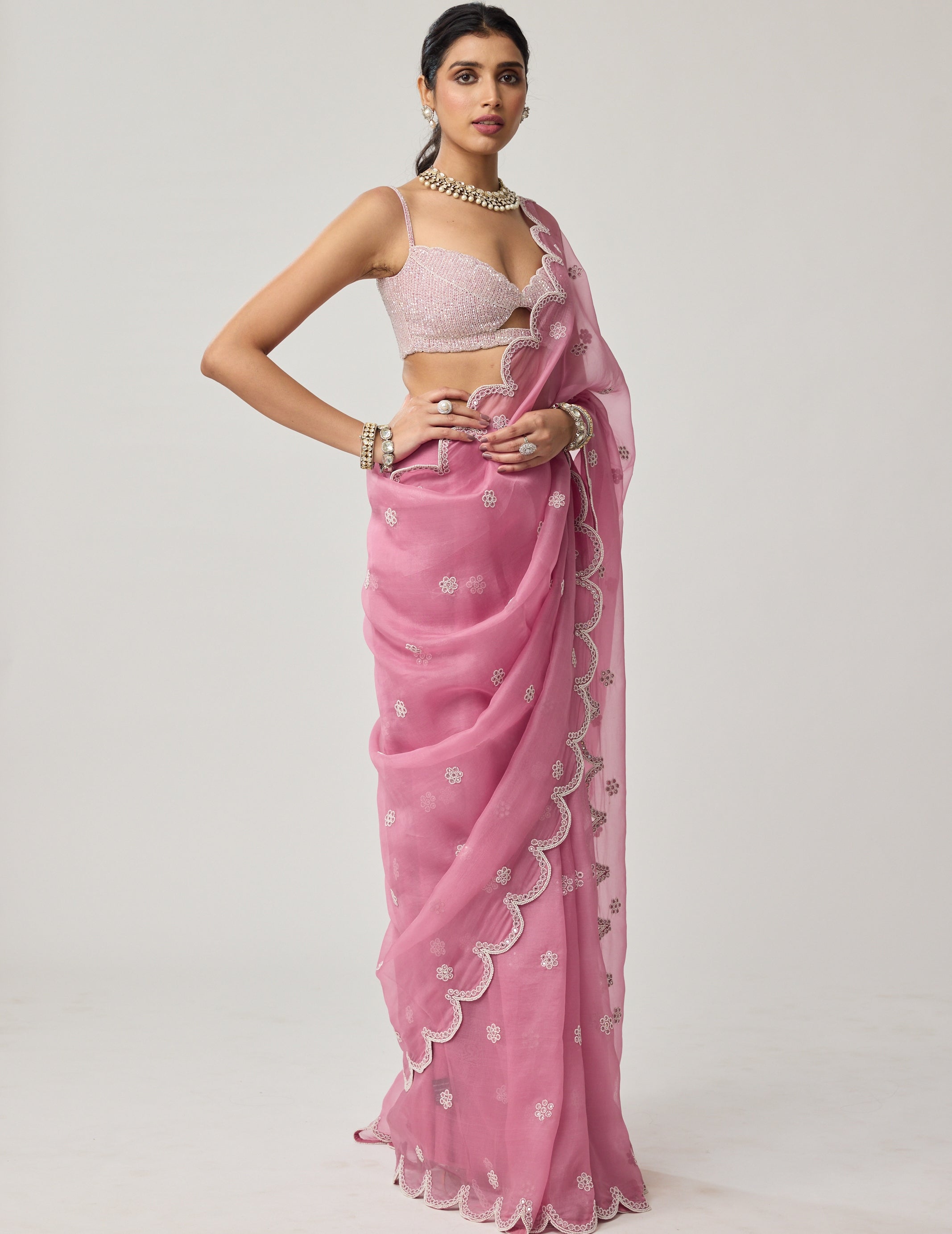 Onion Pink Organza Pearl Sari Set