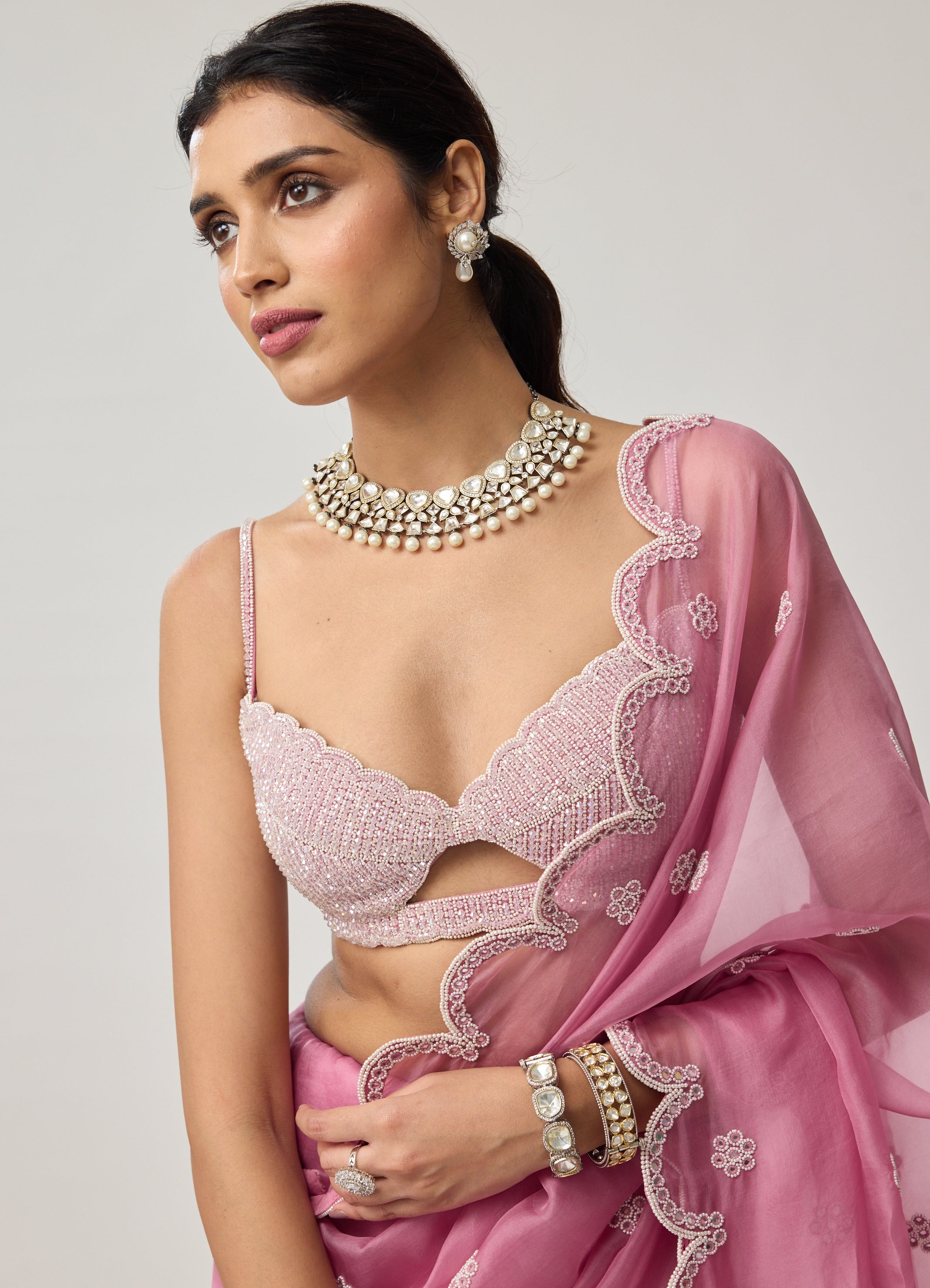 Onion Pink Organza Pearl Sari Set
