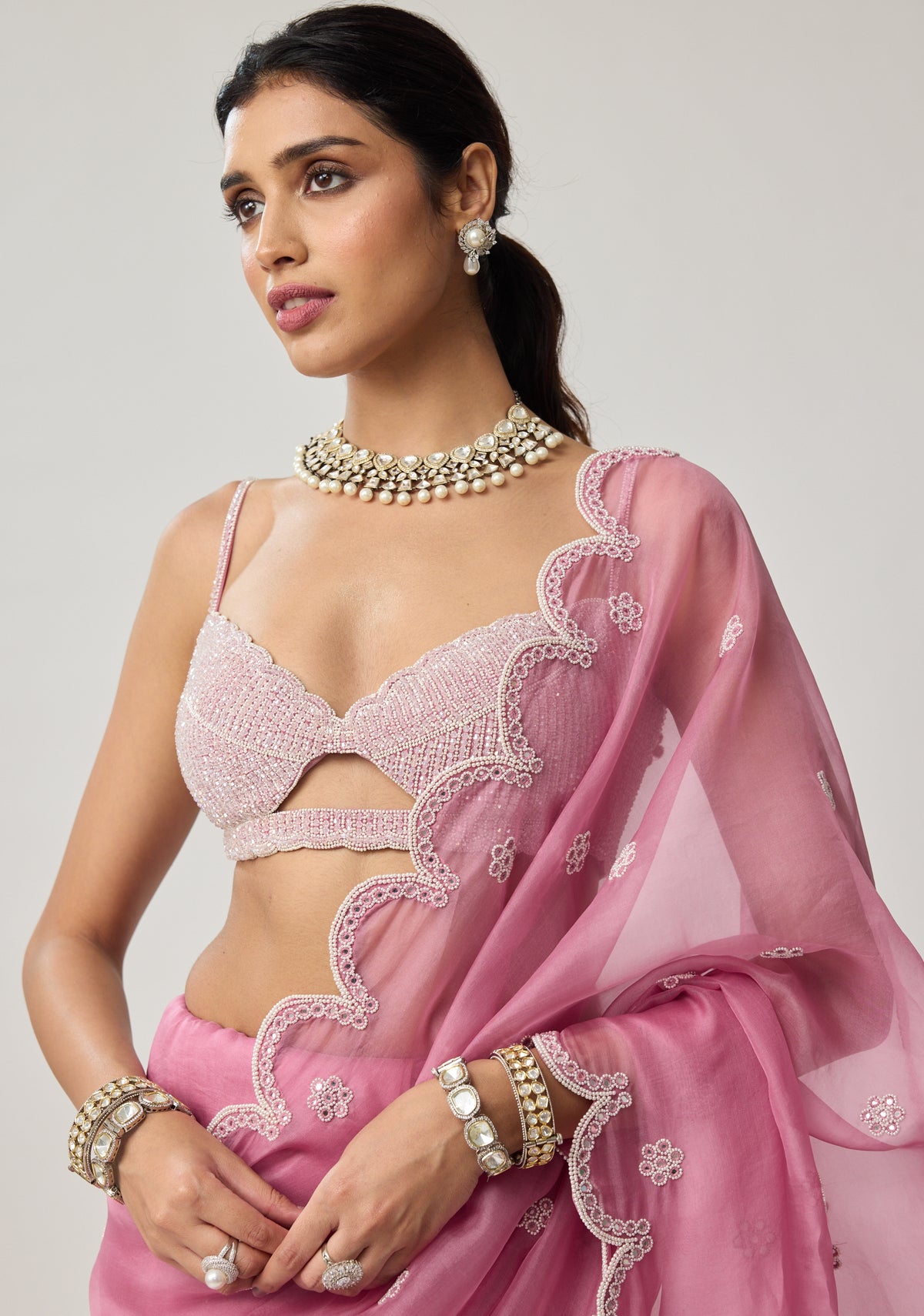 Onion Pink Organza Pearl Sari Set