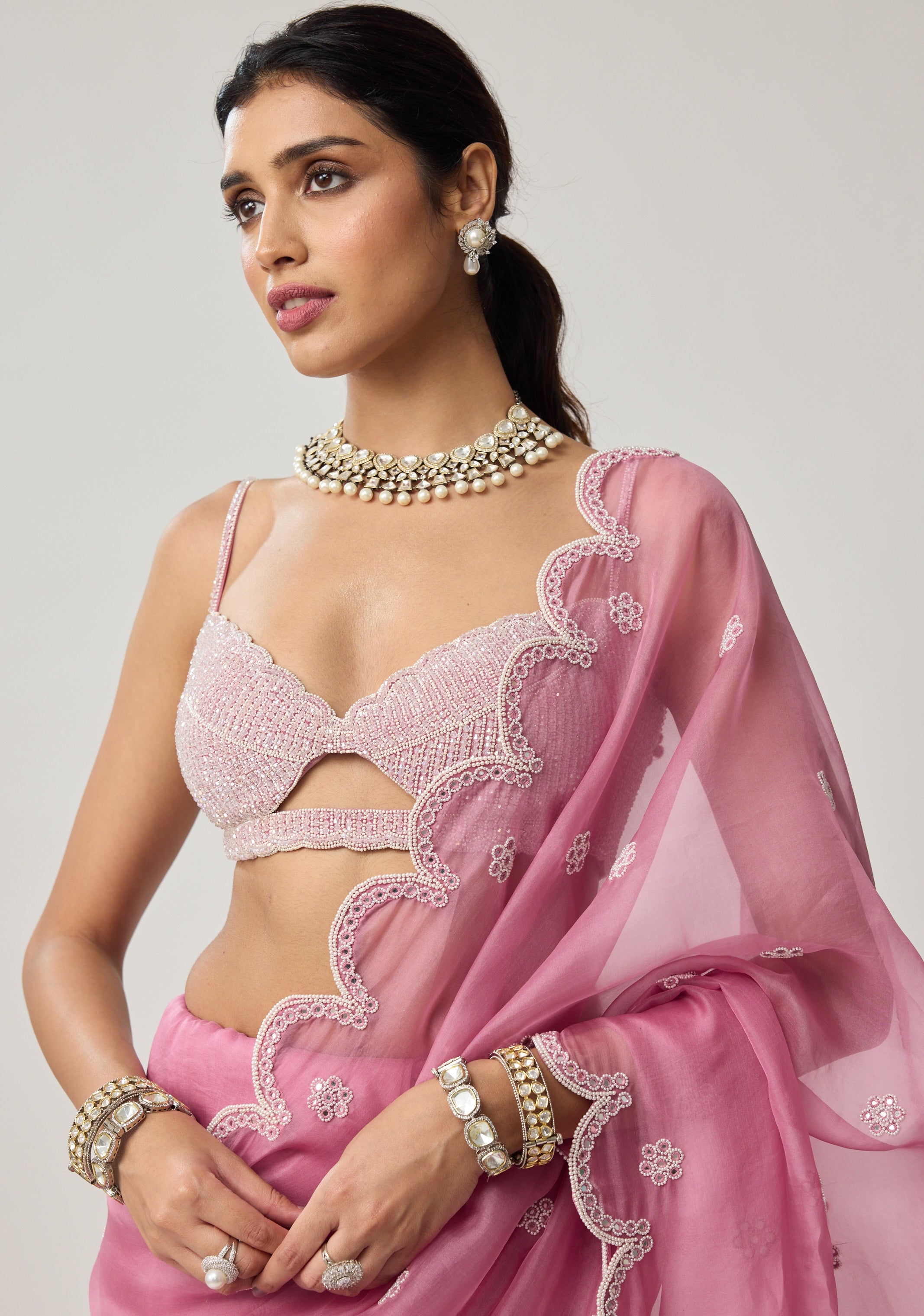 Onion Pink Organza Pearl Sari Set