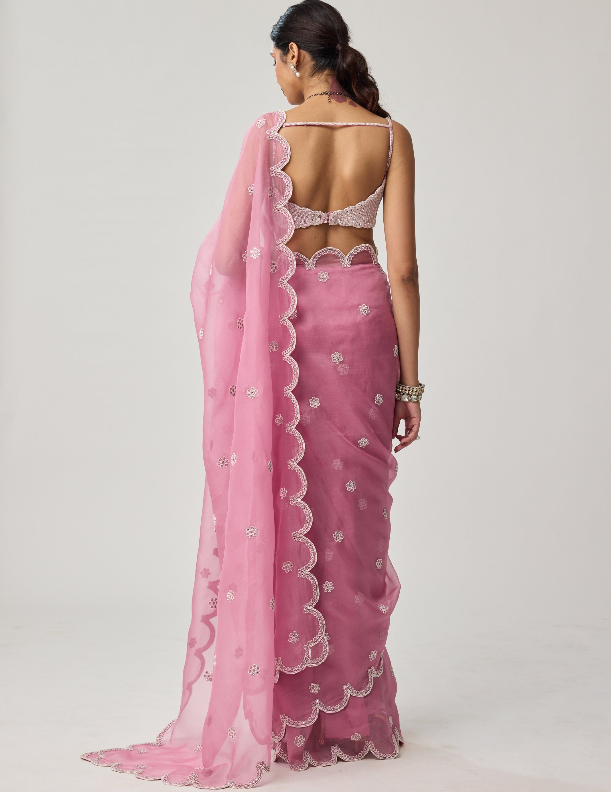 Onion Pink Organza Pearl Sari Set
