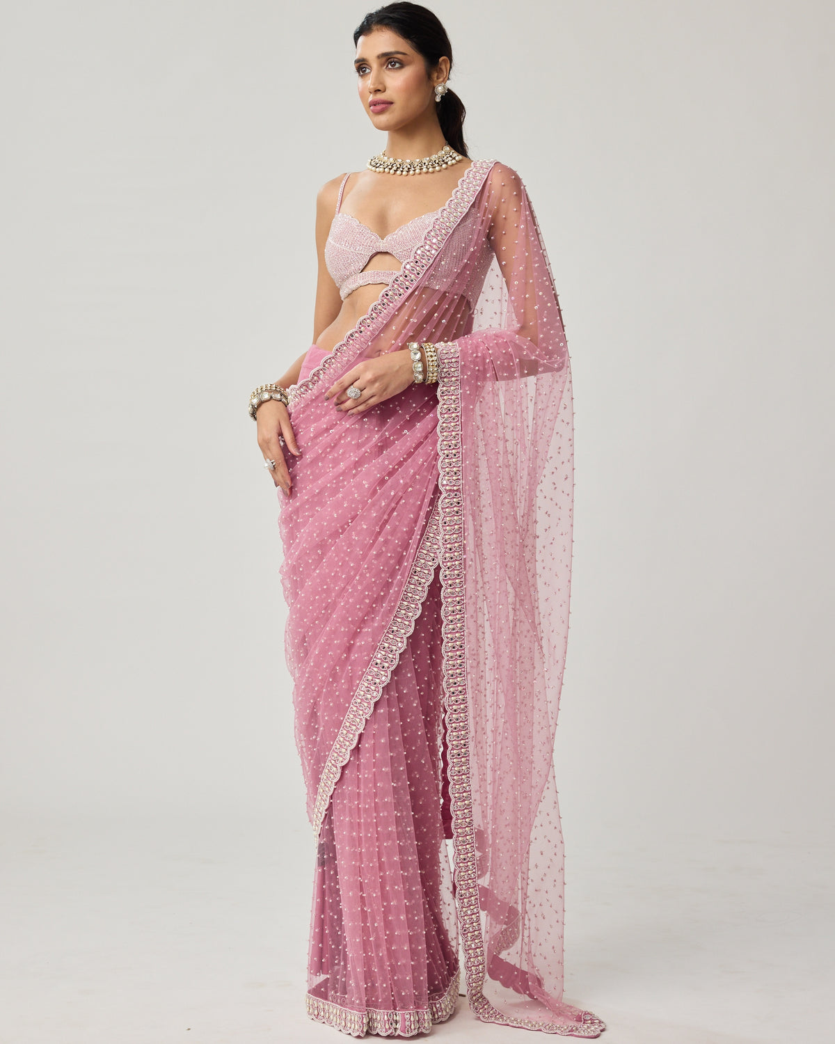 Onion Pink Pearl Scattered Net Sari Set