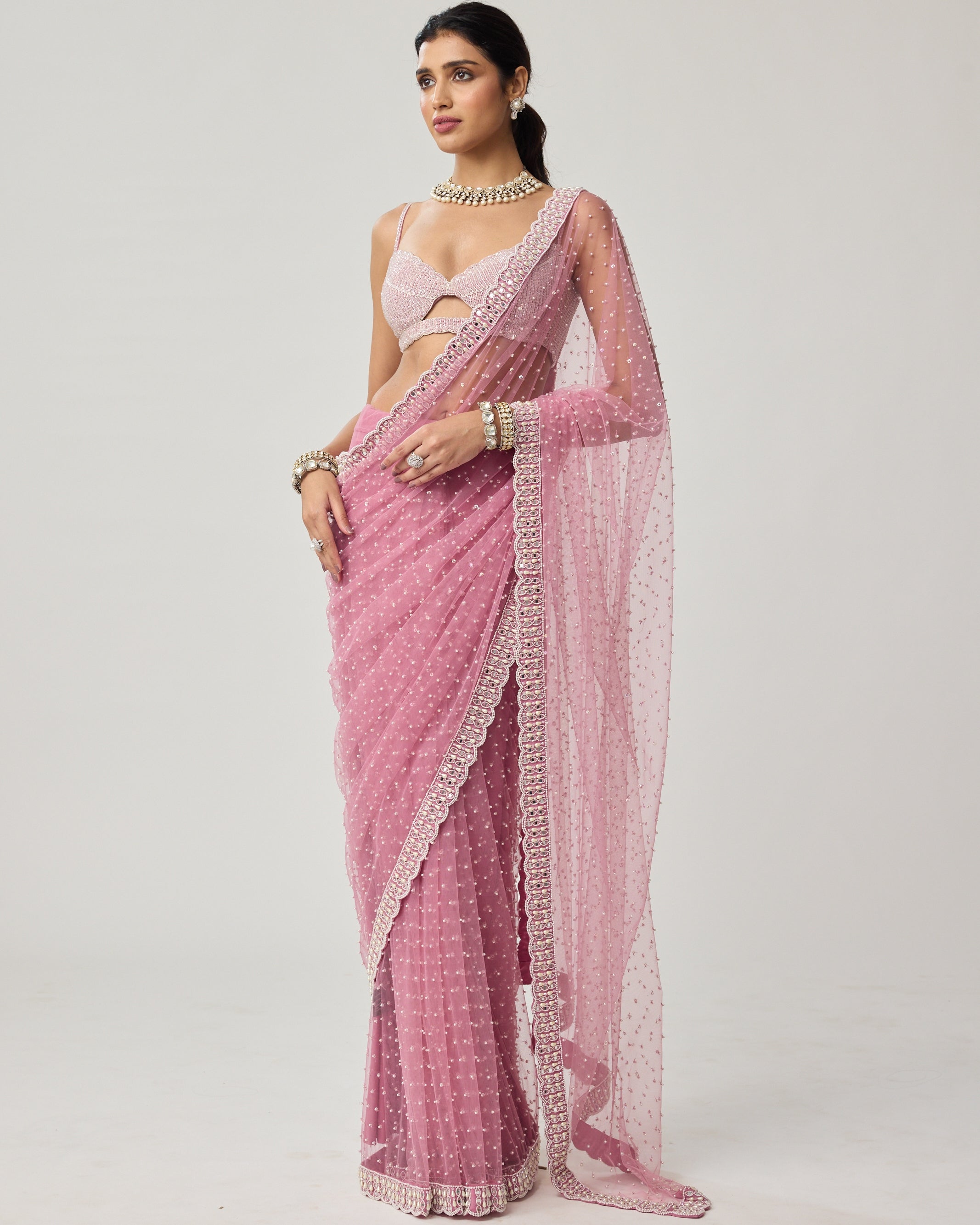 Onion Pink Pearl Scattered Net Sari Set
