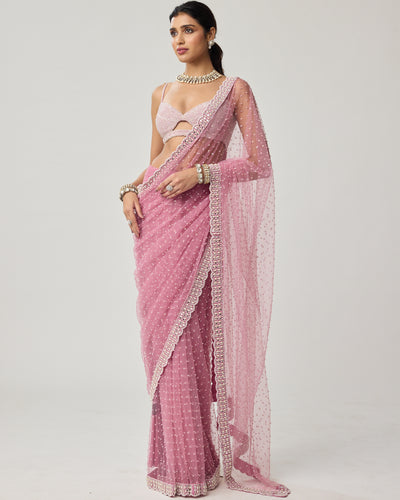 Onion Pink Pearl Scattered Net Sari Set