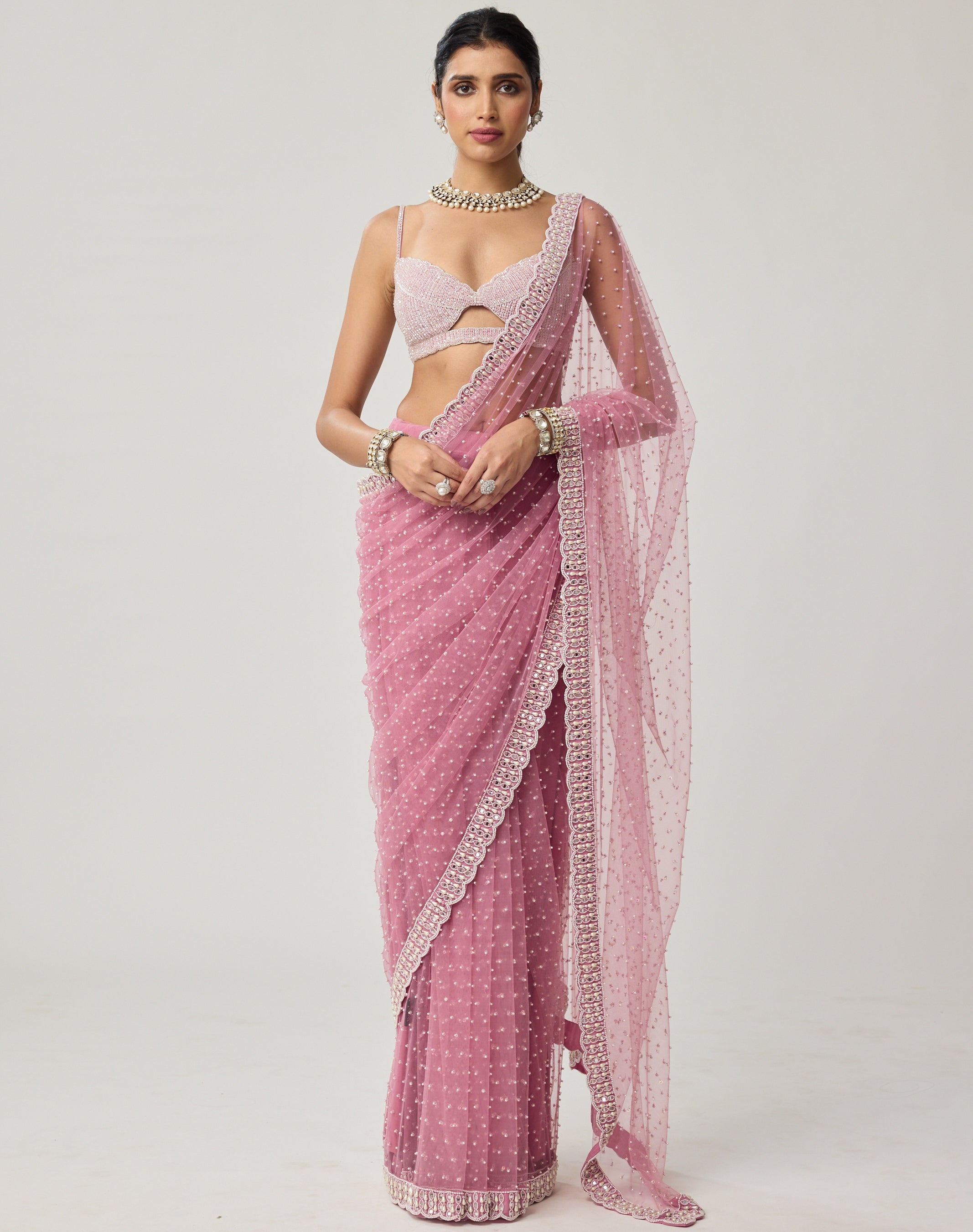 Onion Pink Pearl Scattered Net Sari Set