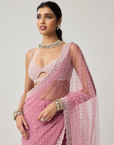 Onion Pink Pearl Scattered Net Sari Set