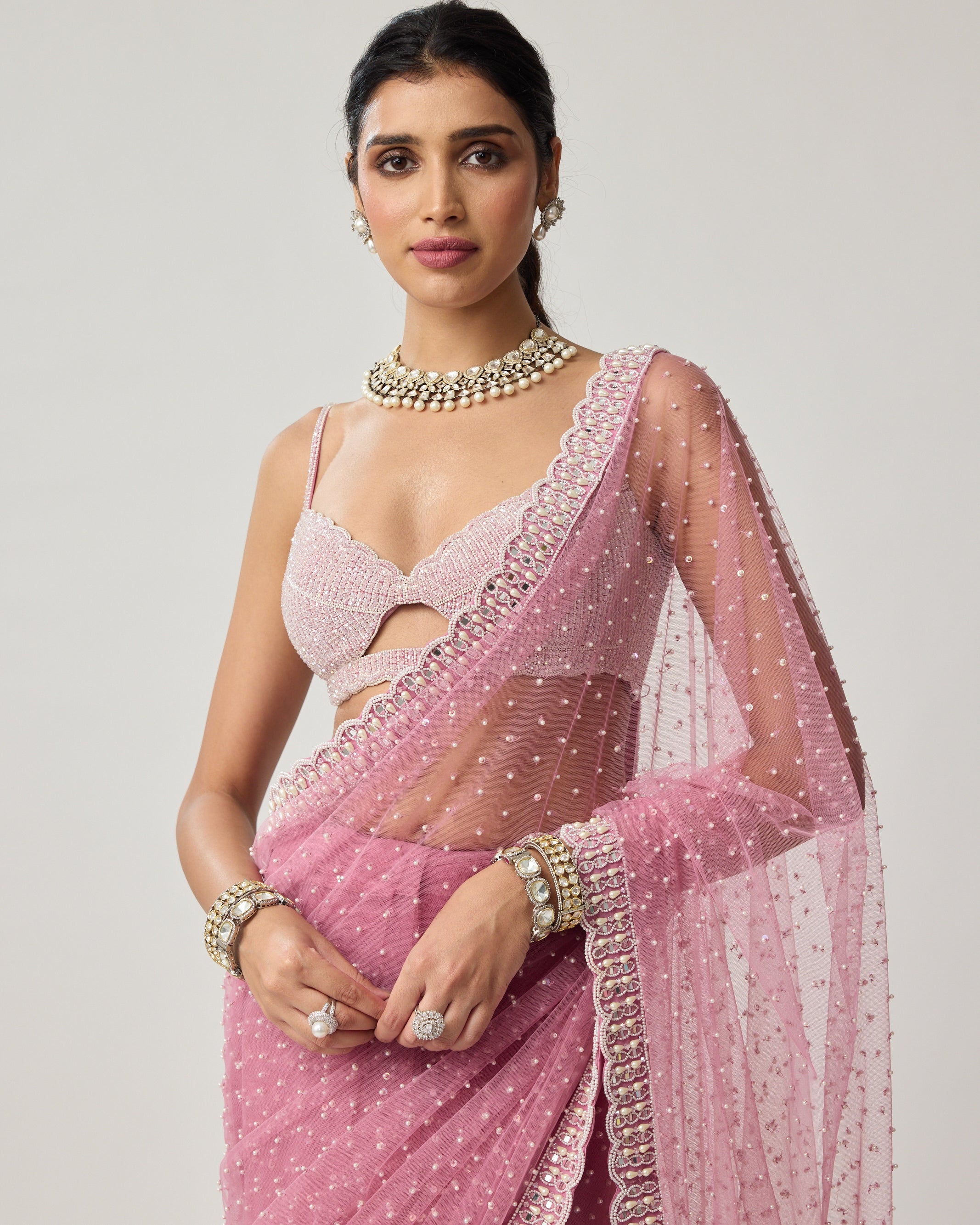 Onion Pink Pearl Scattered Net Sari Set